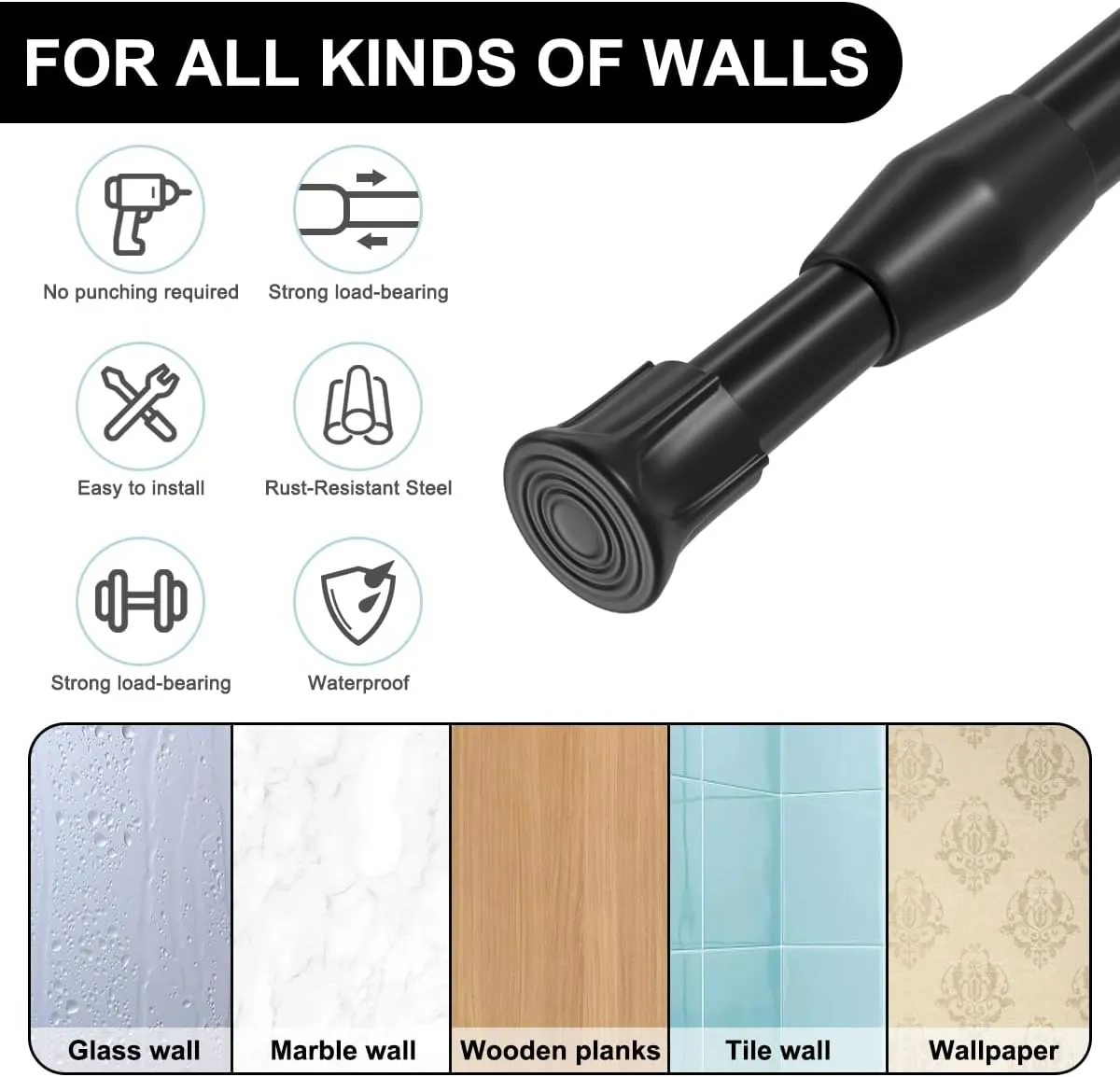 6 Pcs Spring Tension Curtain Rod 28-48 Inches Adjustable Expandable Pressure Black Curtain Tension Rods for Kitchen, Bathroom, Window,Home