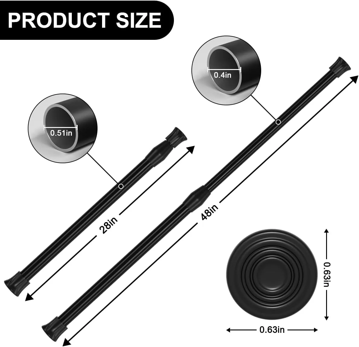 6 Pcs Spring Tension Curtain Rod 28-48 Inches Adjustable Expandable Pressure Black Curtain Tension Rods for Kitchen, Bathroom, Window,Home