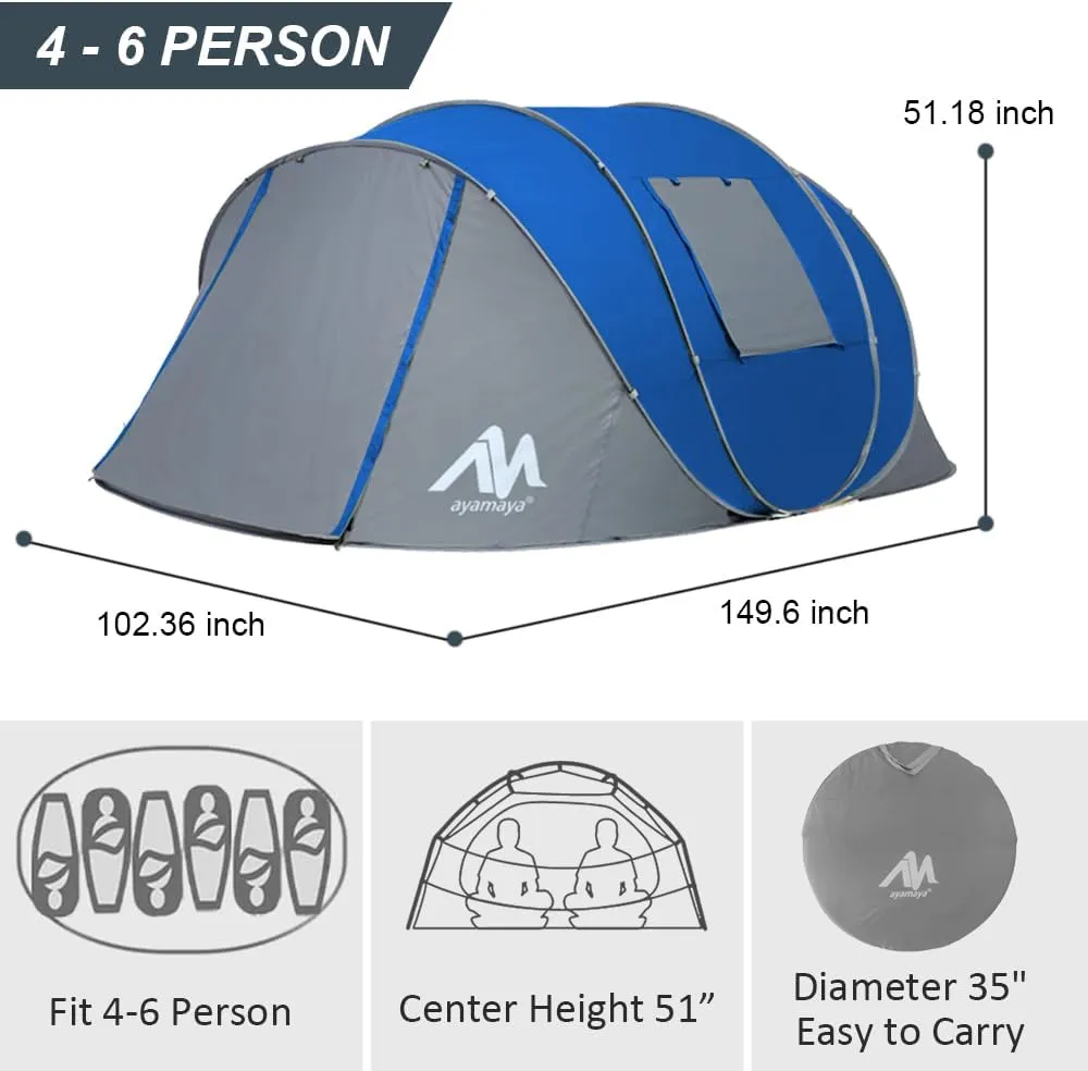 6 Person Easy Pop Up Tents for Camping - AYAMAYA Double Layer Waterproof Instant Tent with Vestibule & Porch, Large Size Family Tent Automatic Setup for 4-6 People Camping Hiking (Poles Included)