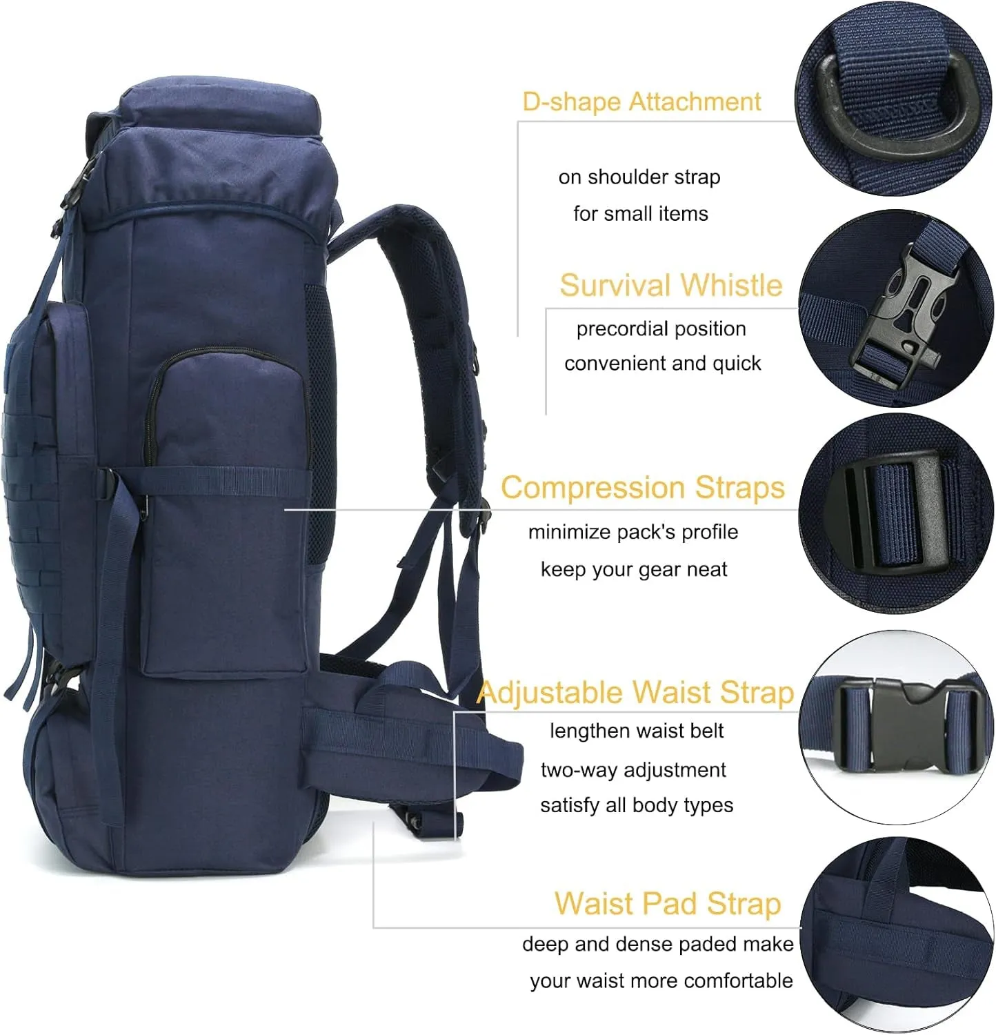 70L Hiking Backpack for Men Waterproof Military Camping Rucksack Travel Daypack