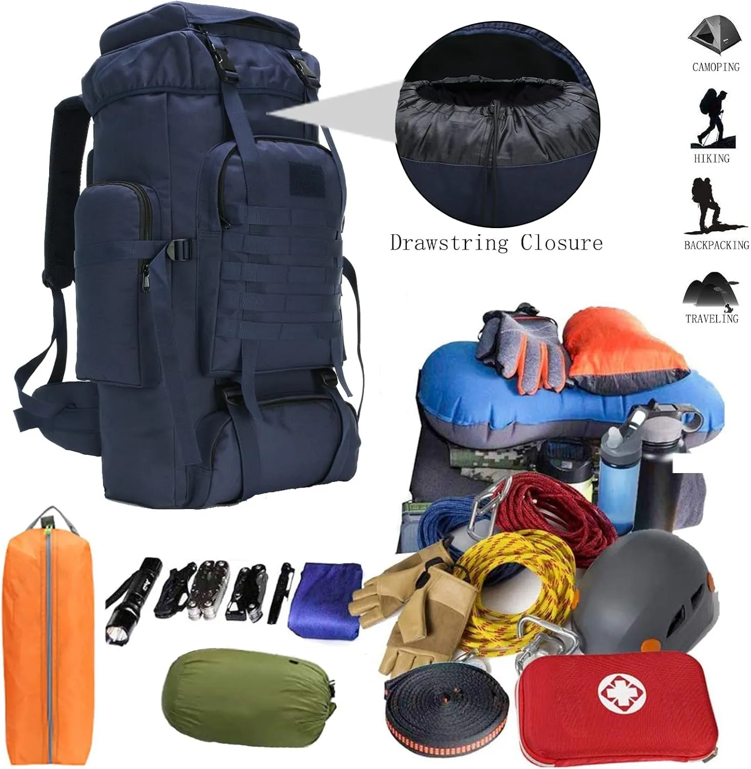70L Hiking Backpack for Men Waterproof Military Camping Rucksack Travel Daypack