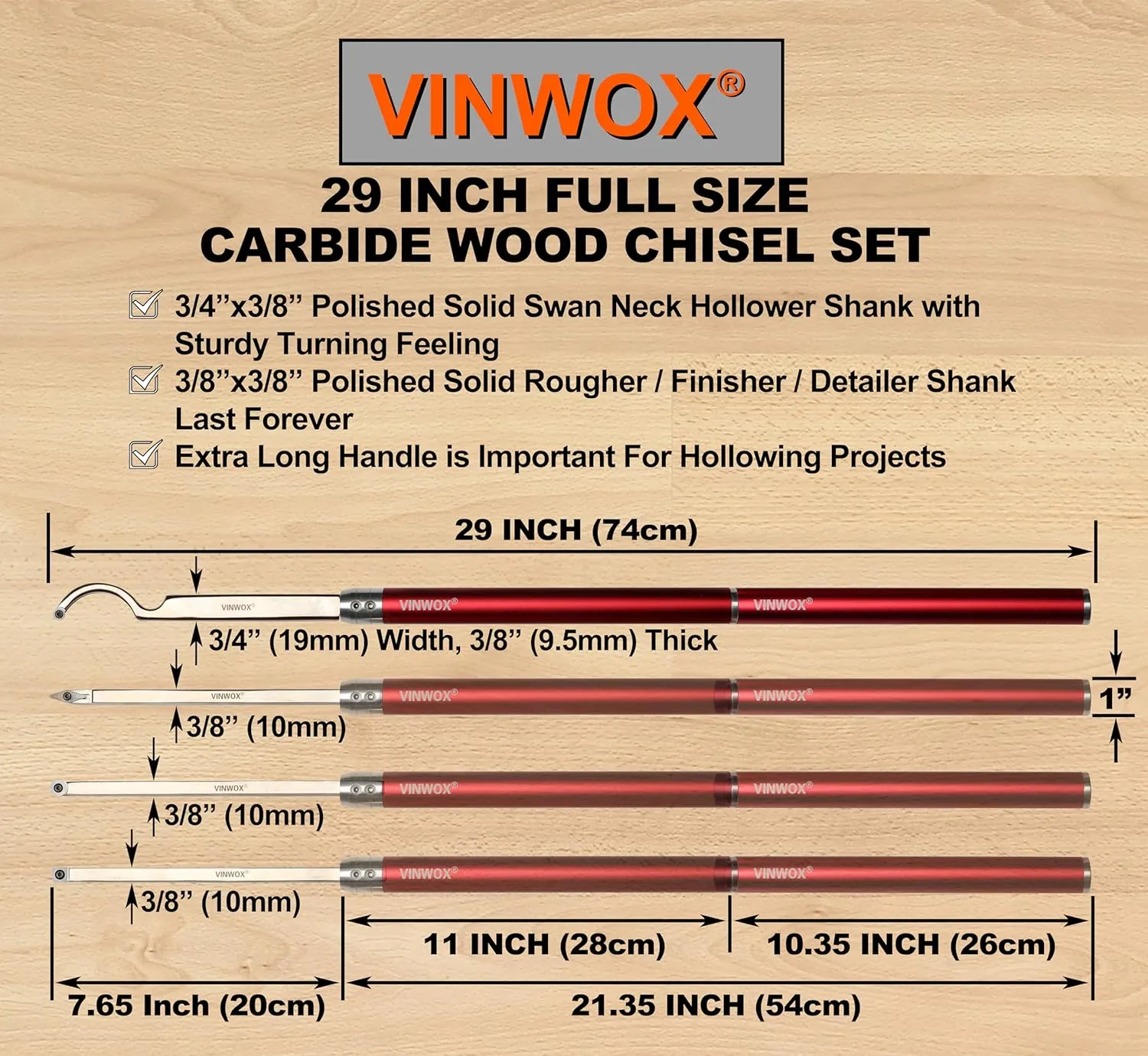 8 PCS Carbide Wood Lathe Turning Tool Set, Carbide Lathe Turning Tool, Including Swan Neck Hollower, Rougher, Finisher, Detailer, Pen Turning tools, Aluminum Alloy Handles from 14" to 29"