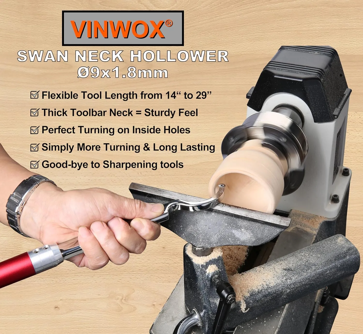 8 PCS Carbide Wood Lathe Turning Tool Set, Carbide Lathe Turning Tool, Including Swan Neck Hollower, Rougher, Finisher, Detailer, Pen Turning tools, Aluminum Alloy Handles from 14" to 29"