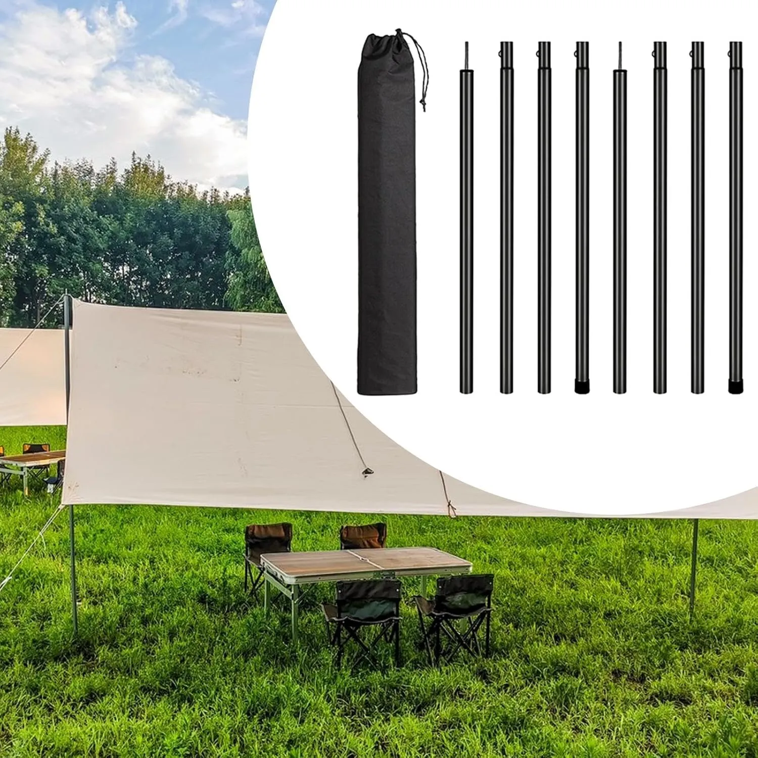 8 Pieces Tarp Poles, Lightweight, Easy to Install, Portable Iron Camping Tarp Poles Set for Awning Canopy Rain Shelter