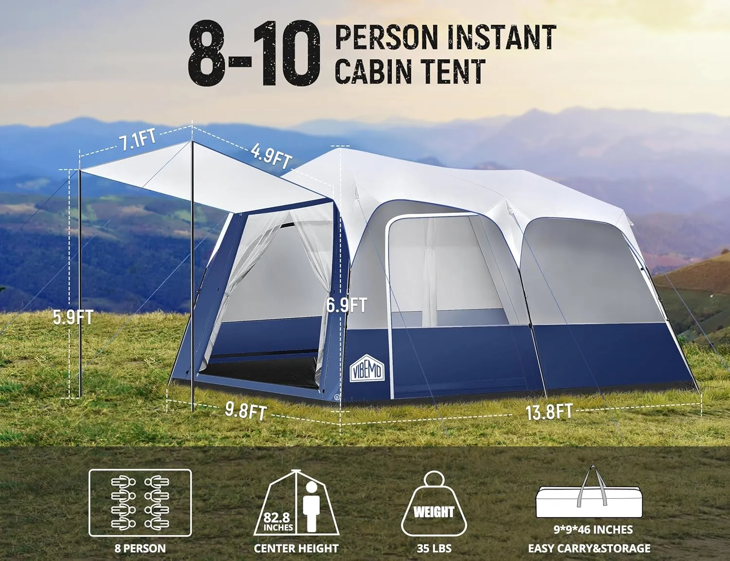 8/10 Person Instant Camping Tent, Pop-Up Family Tent for Instant Easy Setup, Spacious Interior, Includes Rainfly, Room Divider, Carry Bag, Backpacking Tents for Camping, Hiking, Sleepovers