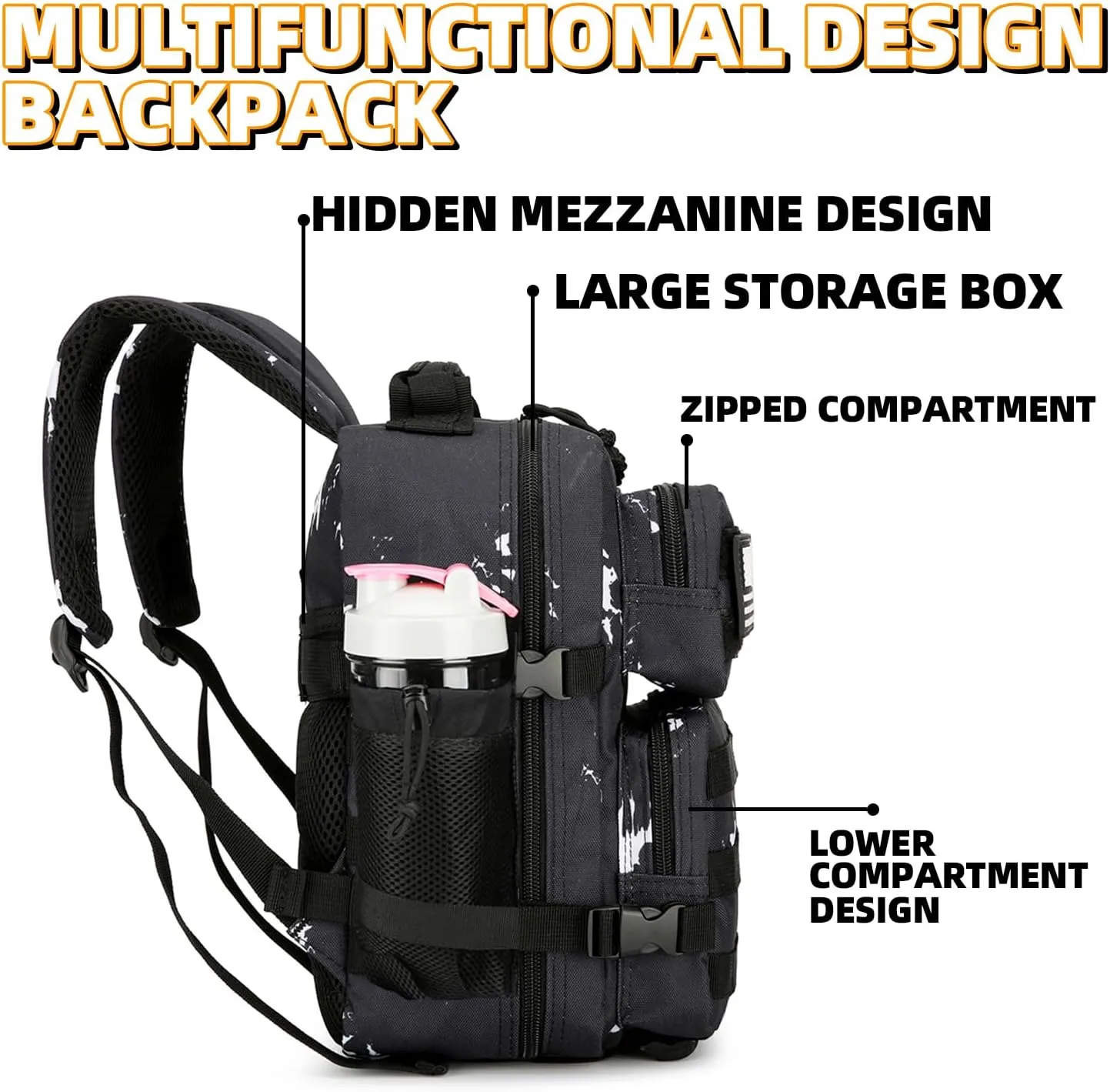 9L Mini Tactical Backpack for Men and Women, Tactical Backpack Small for Hiking, Small Tactical Bag (Black Lightning)