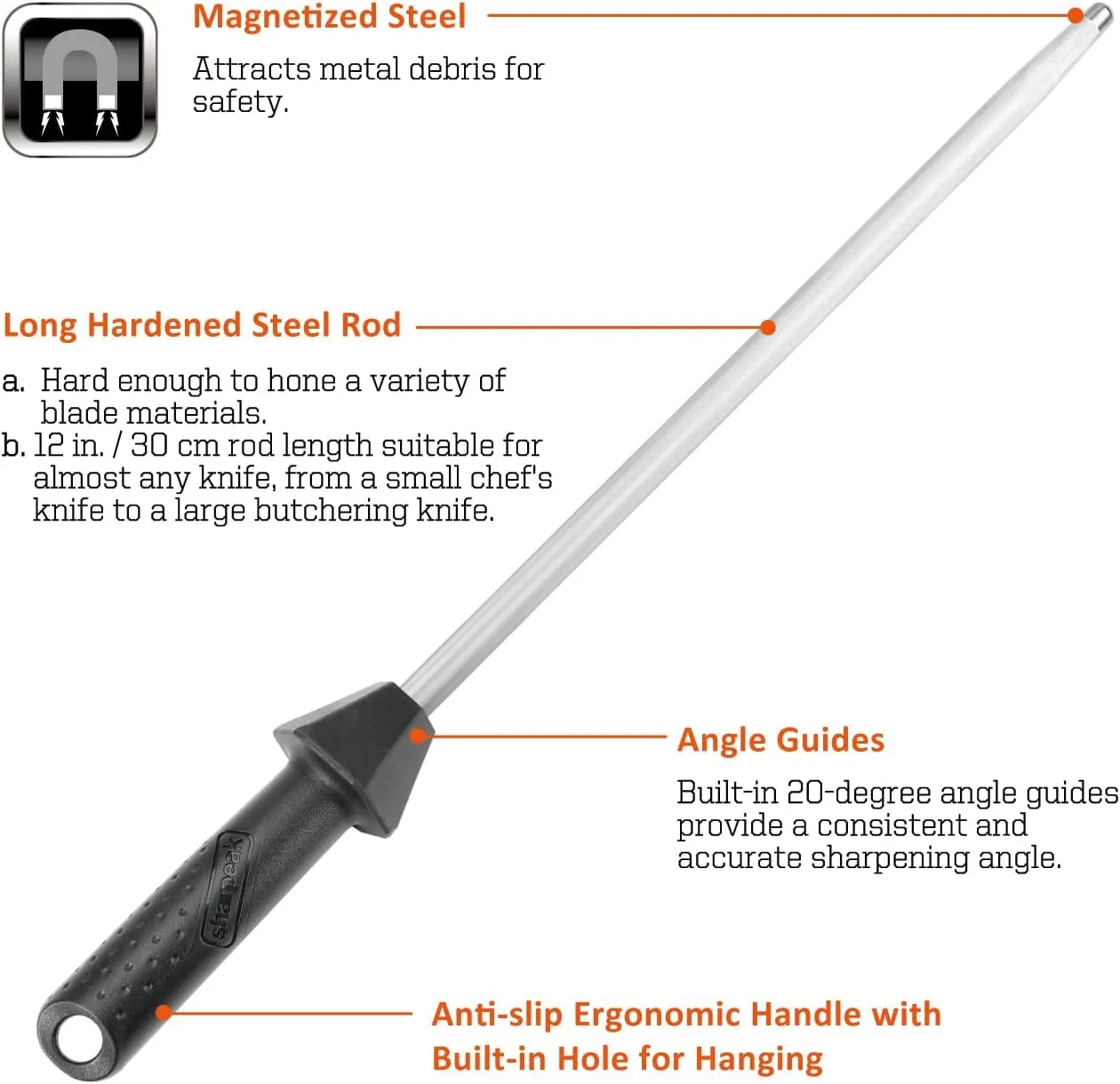 (a brand of SHARPAL) 108S 17.5-Inch/Rod L. 12-Inch Sharpening Steel Knife Sharpener Rod with Built-in Angle Guides Kitchen Knives Honer Knife Steel Honing Rod Chaira Para Cuchillos HRC 65