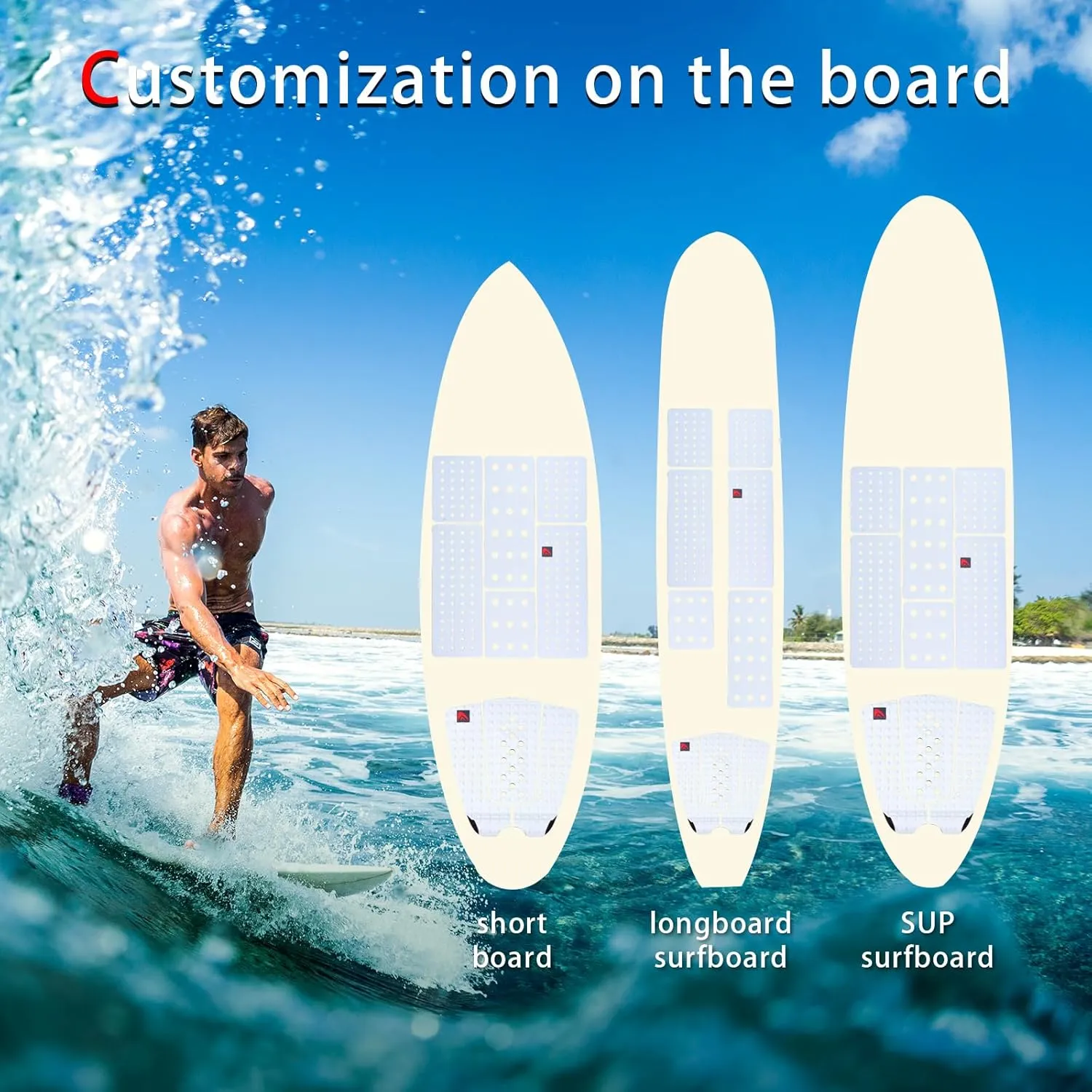 Abahub 9 Piece Surf Deck Traction Pad Premium EVA with Tail Kicker 3M Adhesive for Surfboard Longboard Shortboard Funboard Fish Skimboard Black/Blue/Brown/Gray/White/Orange/Navy Blue