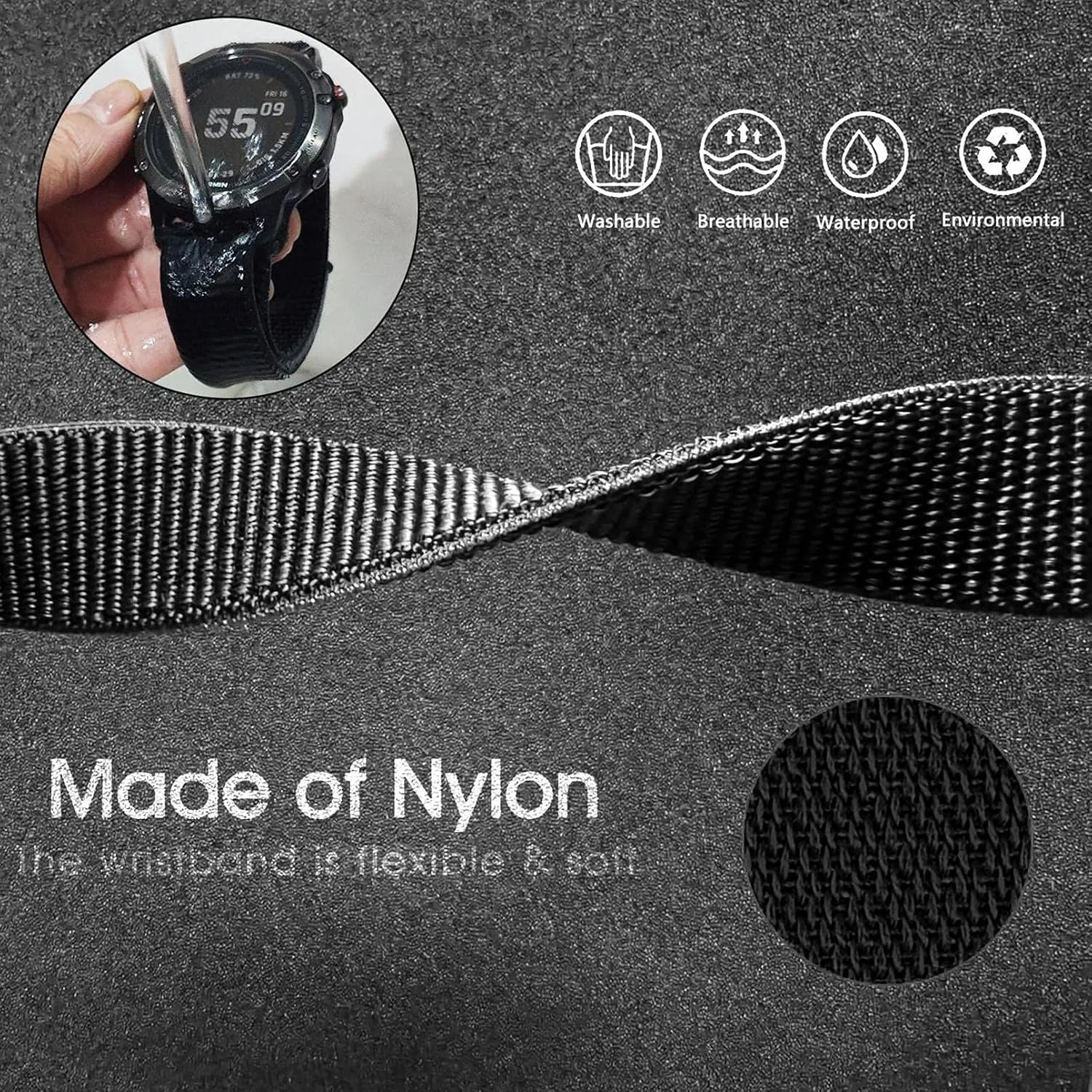 Abanen Hook and Loop Quick Dry Watch Band for Fenix 8 / epix Pro/Fenix 7/6/5 (47mm), 22mm Woven Nylon Ultralight Sport Wristband Strap for Garmin Instinct 2, Instinct 3 45mm