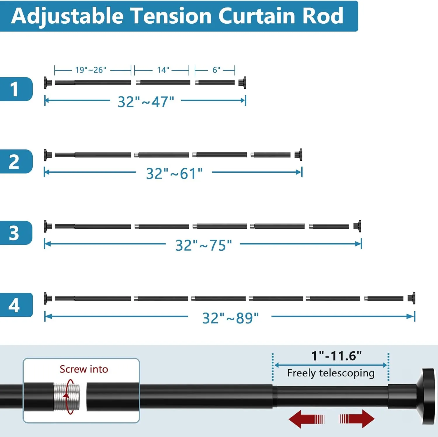 Adjustable Tension Curtain Rod, 32-75 Inches Non-Slip Stainless Steel Shower Curtain Rod, Rust-Resistant Telescoping Rod for Bathroom, Kitchen, Dorm, RV, No Drilling, Easy to Install, Black
