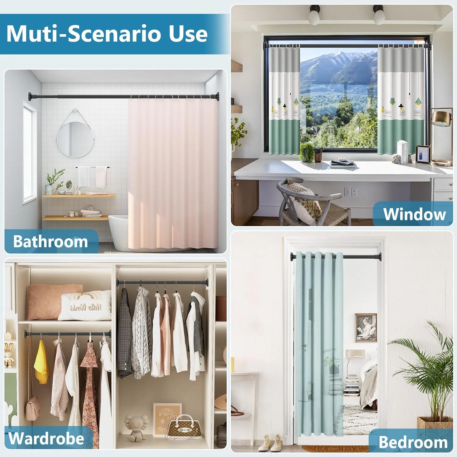 Adjustable Tension Curtain Rod, 32-75 Inches Non-Slip Stainless Steel Shower Curtain Rod, Rust-Resistant Telescoping Rod for Bathroom, Kitchen, Dorm, RV, No Drilling, Easy to Install, Black