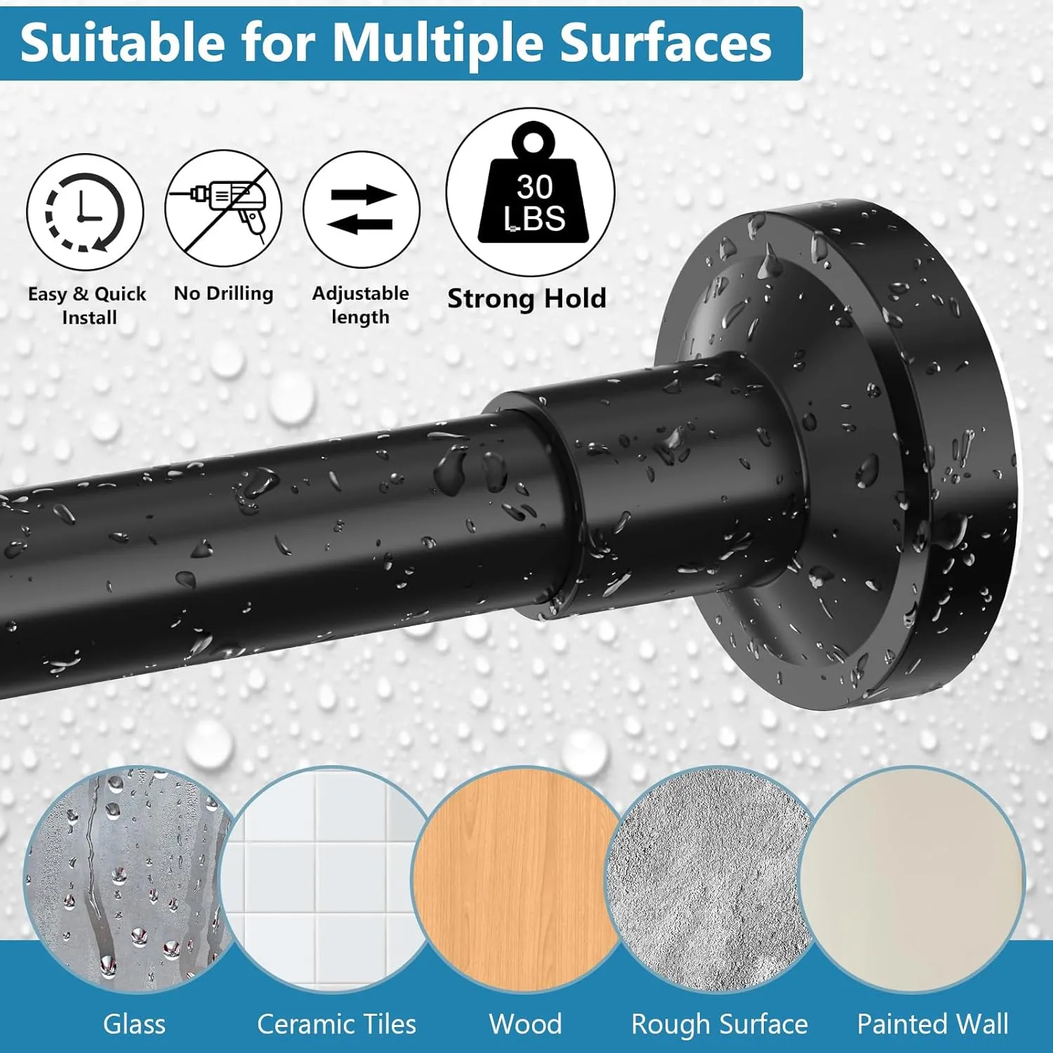 Adjustable Tension Curtain Rod, 32-75 Inches Non-Slip Stainless Steel Shower Curtain Rod, Rust-Resistant Telescoping Rod for Bathroom, Kitchen, Dorm, RV, No Drilling, Easy to Install, Black