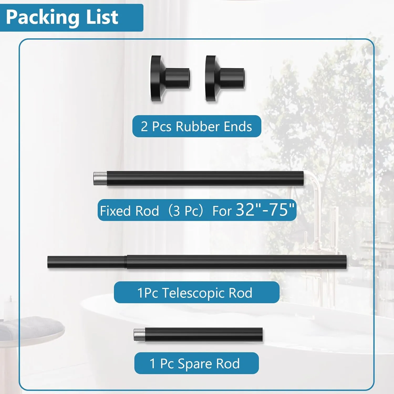 Adjustable Tension Curtain Rod, 32-75 Inches Non-Slip Stainless Steel Shower Curtain Rod, Rust-Resistant Telescoping Rod for Bathroom, Kitchen, Dorm, RV, No Drilling, Easy to Install, Black