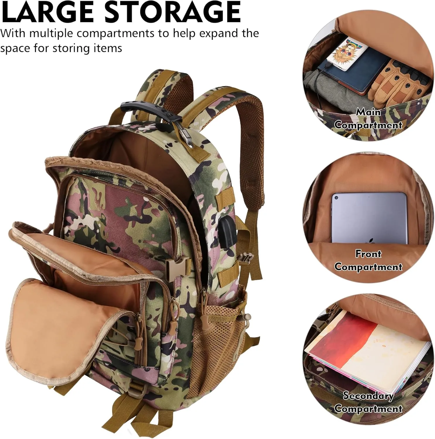 aiGear Tactical Backpack for Men, 35L Military Backpack, 3-Day Bug Out Bag for Camping Hiking Hunting with Molle System Army Daypack (35L Camo)