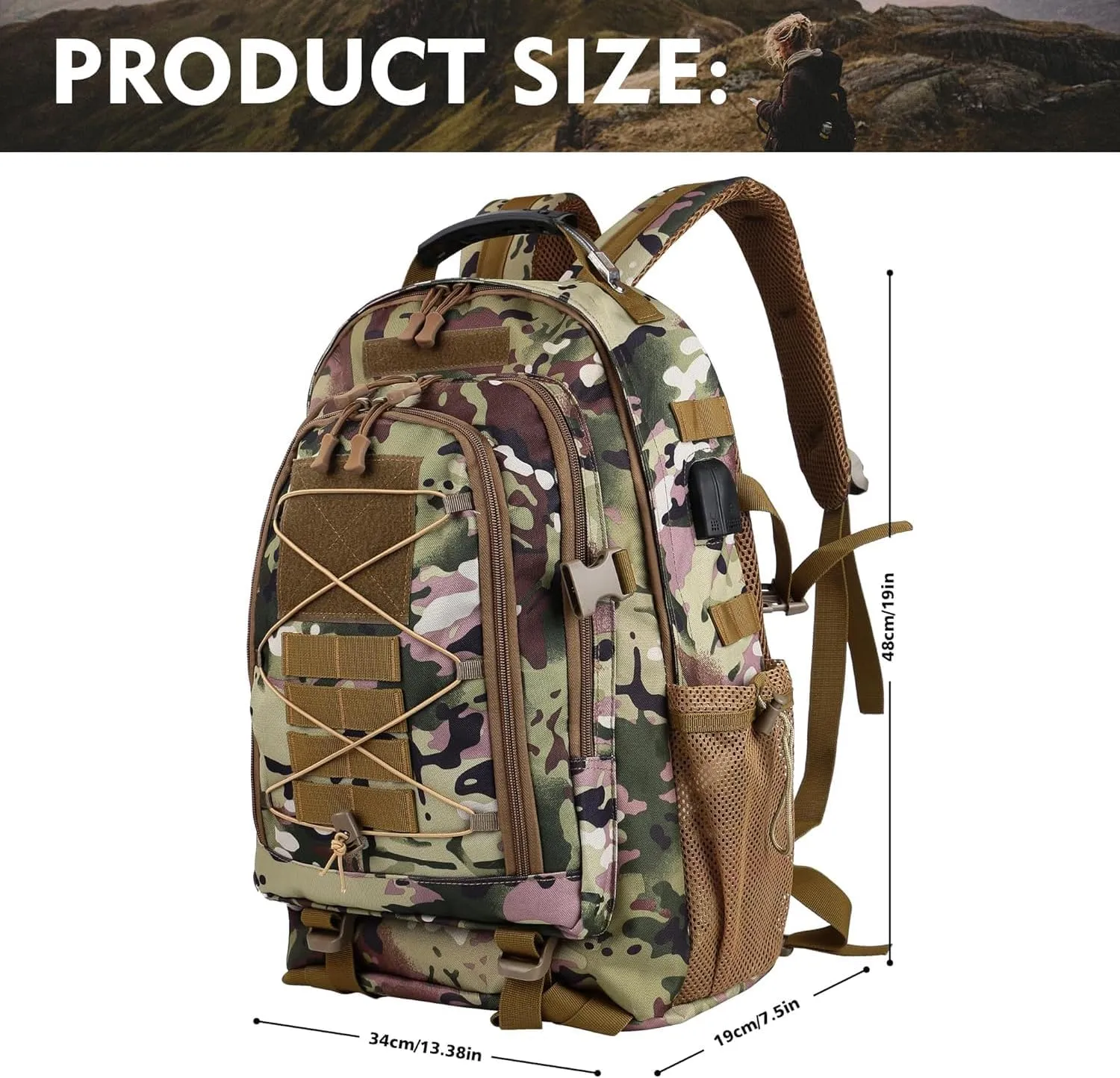 aiGear Tactical Backpack for Men, 35L Military Backpack, 3-Day Bug Out Bag for Camping Hiking Hunting with Molle System Army Daypack (35L Camo)