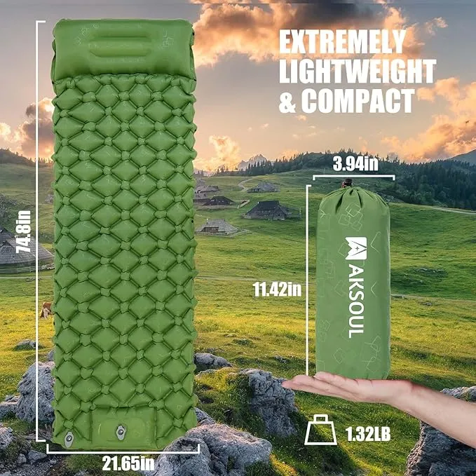 AKSOUL Camping Ultralight Sleeping Pad: Compact Portable Self Inflatable Sleep Mat with Built-in Foot Pump, Lightweight Single Pad for Camping, Traveling, Outdoor Activities (Green)