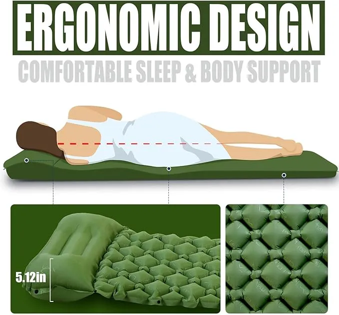 AKSOUL Camping Ultralight Sleeping Pad: Compact Portable Self Inflatable Sleep Mat with Built-in Foot Pump, Lightweight Single Pad for Camping, Traveling, Outdoor Activities (Green)