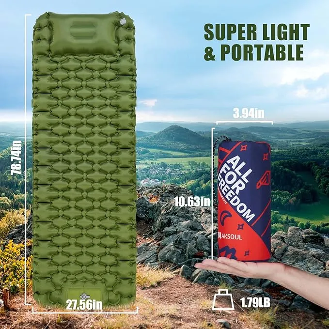 AKSOUL Sleeping Pad Camping Mat: Ultralight & Compact Self Inflating Air Mattress with Built-in Foot Pump, Connectable Lightweight with Pillow Inflatable Pad for Camping, Backpacking, Hiking