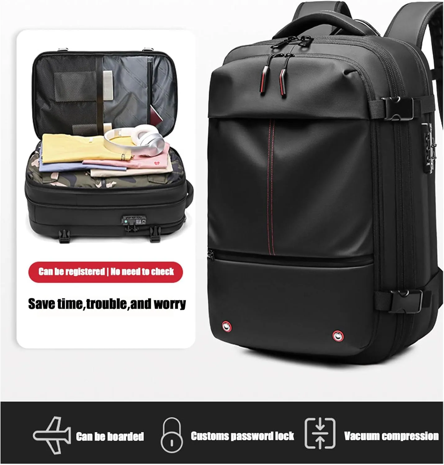 Alepeak Vacuum Backpack, 60L Anti-Theft Expandable Vacuum Compression Bags for Travel, Large-Capacity Waterproof Wet Dry SeparationAirback Backpack with Vacuum Seal (Black)