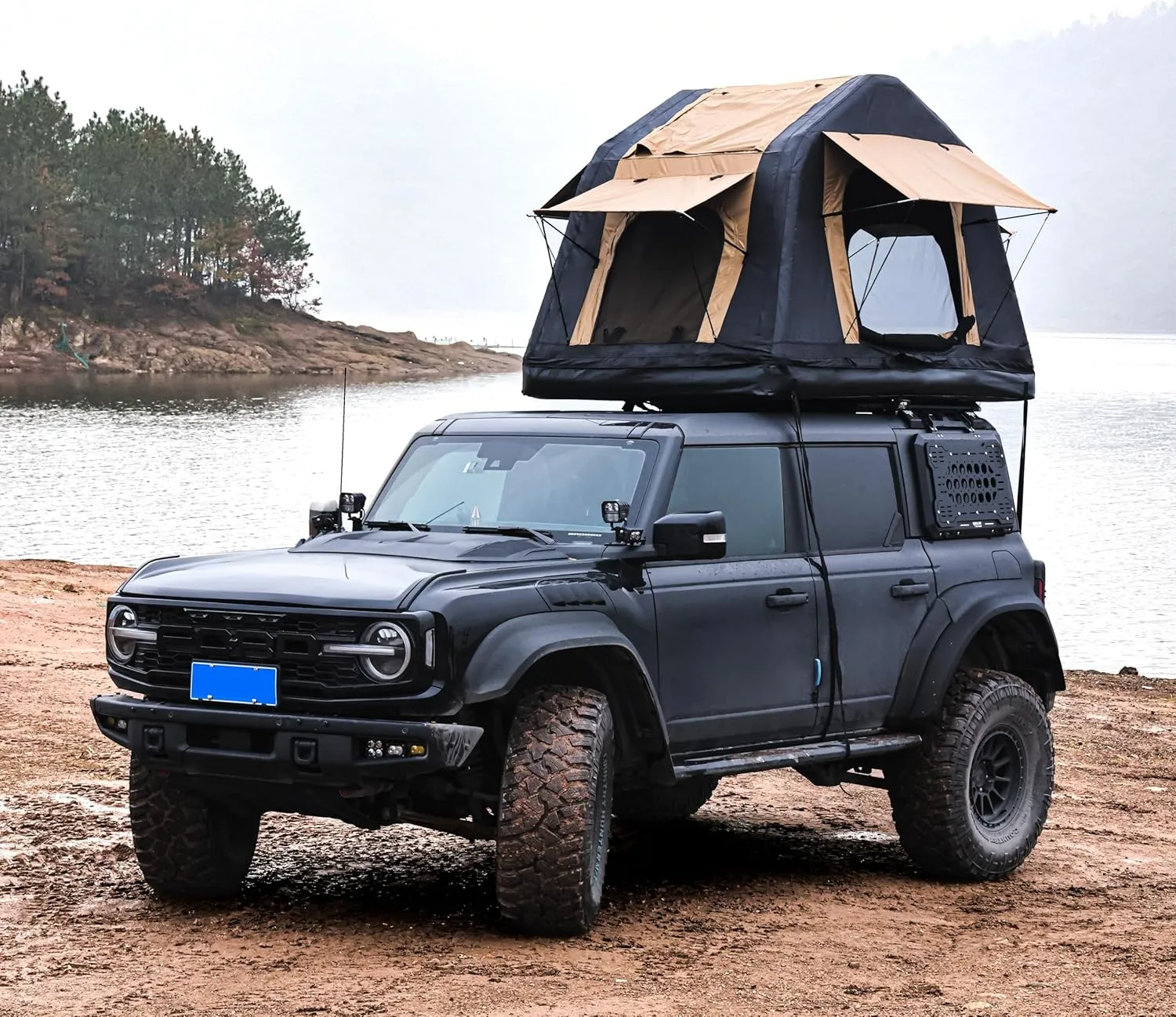 Amphibious Inflatable Roof Top Tent with Ladder, Quick Setup Camping Solution, Two-Tone Khaki & Black