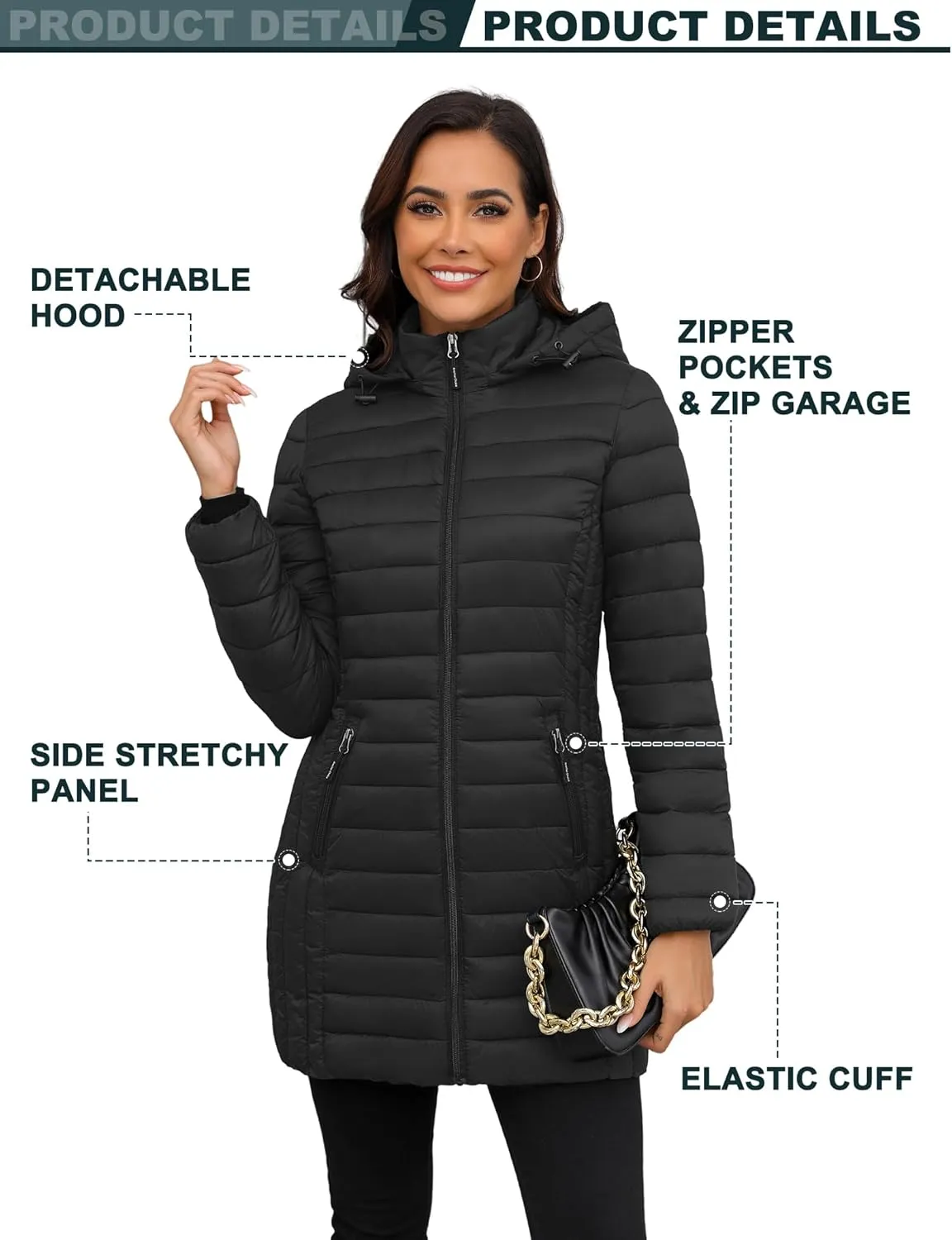 ANOTHER CHOICE Women Ultra-light Puffer Jacket, Winter Puffey Jacket with Detachable Hood Stretchy Panel Rollable
