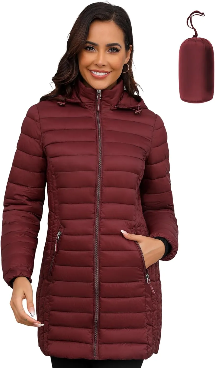 ANOTHER CHOICE Women Ultra-light Puffer Jacket, Winter Puffey Jacket with Detachable Hood Stretchy Panel Rollable