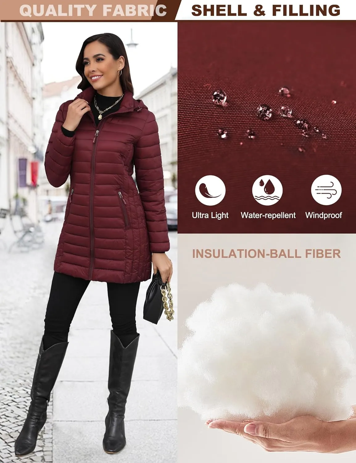 ANOTHER CHOICE Women Ultra-light Puffer Jacket, Winter Puffey Jacket with Detachable Hood Stretchy Panel Rollable