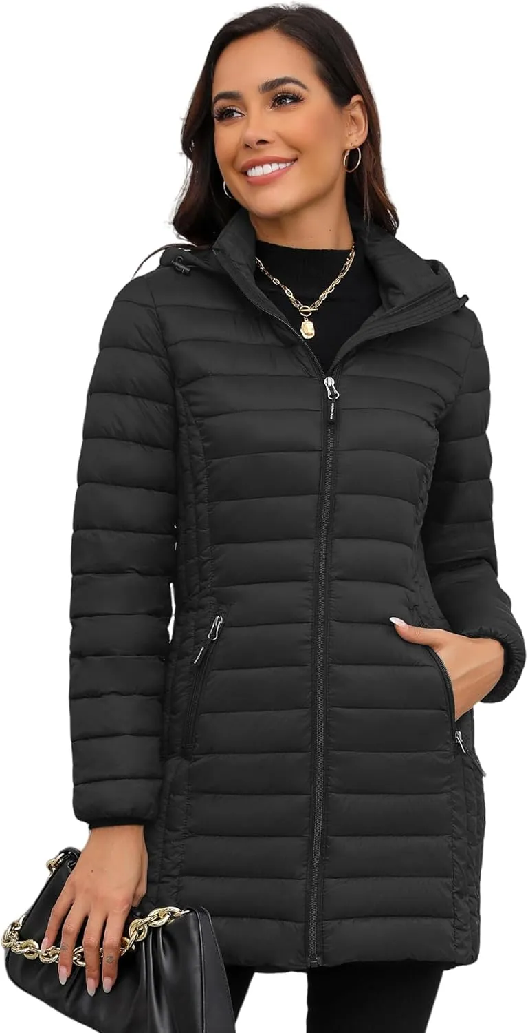 ANOTHER CHOICE Women Ultra-light Puffer Jacket, Winter Puffey Jacket with Detachable Hood Stretchy Panel Rollable