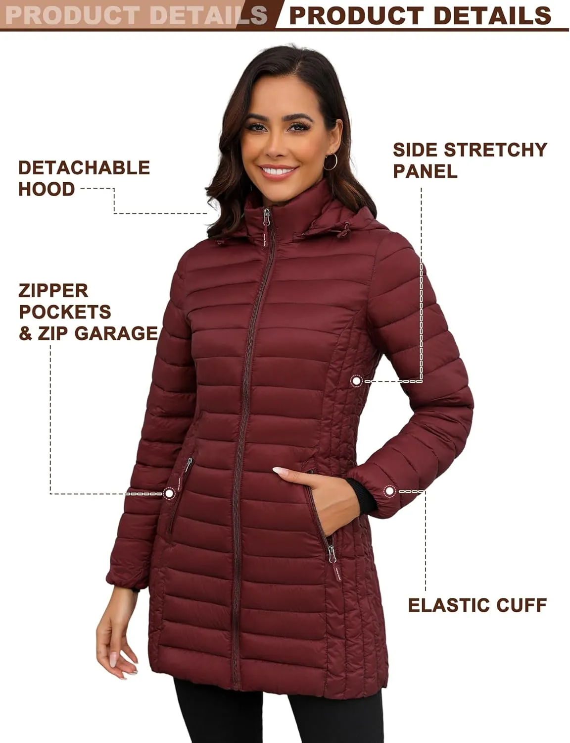 ANOTHER CHOICE Women Ultra-light Puffer Jacket, Winter Puffey Jacket with Detachable Hood Stretchy Panel Rollable