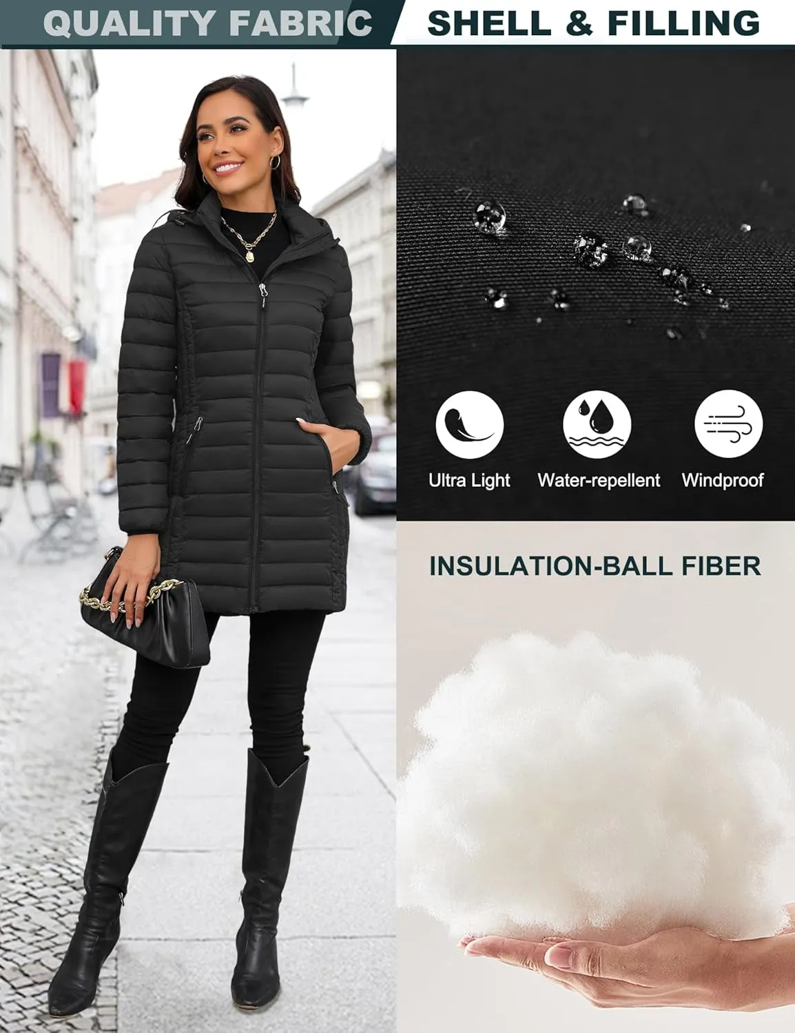 ANOTHER CHOICE Women Ultra-light Puffer Jacket, Winter Puffey Jacket with Detachable Hood Stretchy Panel Rollable