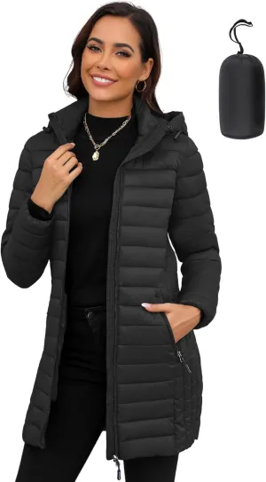 ANOTHER CHOICE Women Ultra-light Puffer Jacket, Winter Puffey Jacket with Detachable Hood Stretchy Panel Rollable