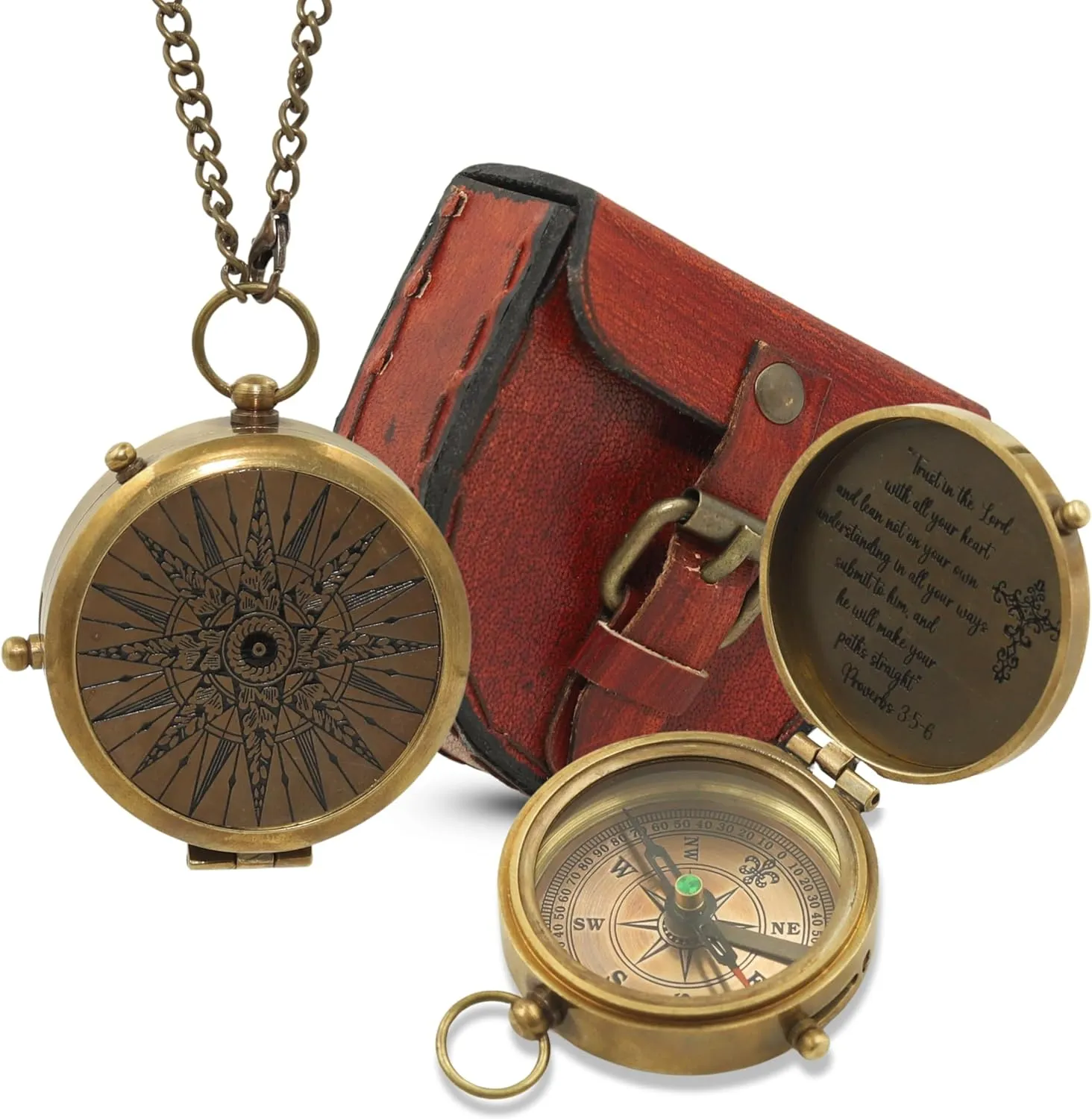 Antique Brass Compass with Leather Case Trust in The Lord Compass – Graduation Day, Wedding Anniversary, Baptism, Confirmation, First Communion, Retirement Gifts for Boys, Son, Mens, Husband