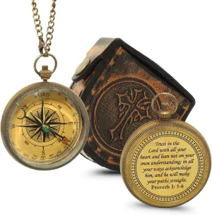 Antique Brass Compass with Leather Case ''Trust in The Lord'' – Graduation Day, Wedding Anniversary, Baptism, Confirmation, First Communion, Retirement Gifts for Boys, Son, Daughter, Mens, Husband