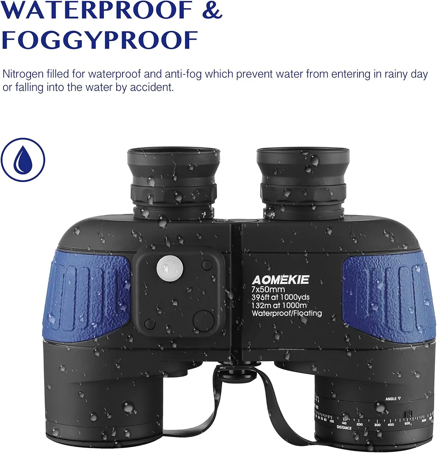 AOMEKIE 7X50 Marine Waterproof Binoculars for Adults with Illuminated Rangefinder Compass BAK4 IPX7 for Boating Military Navigation Hunting Fishing Water Sports