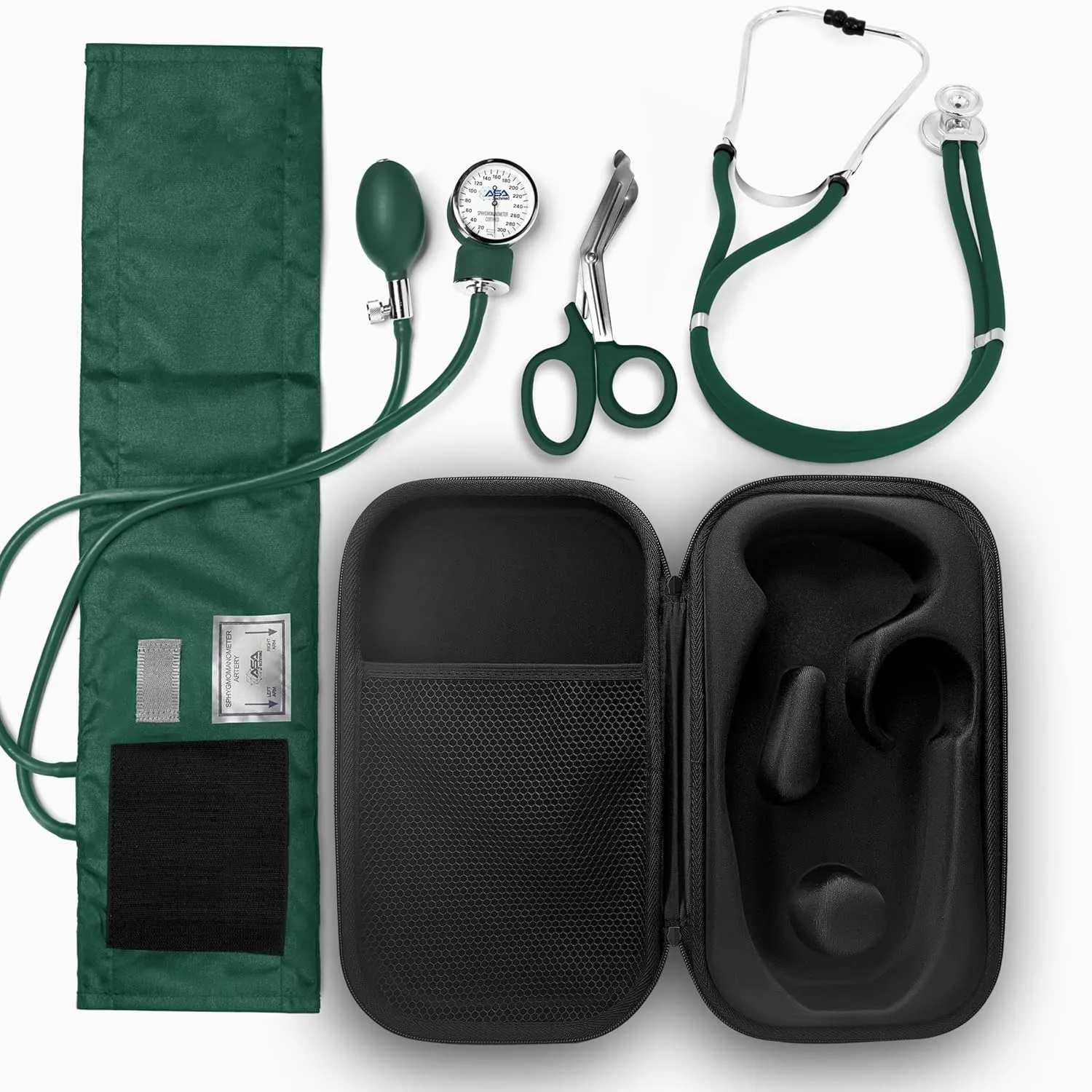 ASA TECHMED Medical Starter Kit - Stethoscope, Durable Blood Pressure Monitor, and EMT Shears and Protective Carrying Case Ideal for Healthcare Professionals, Hunter Green
