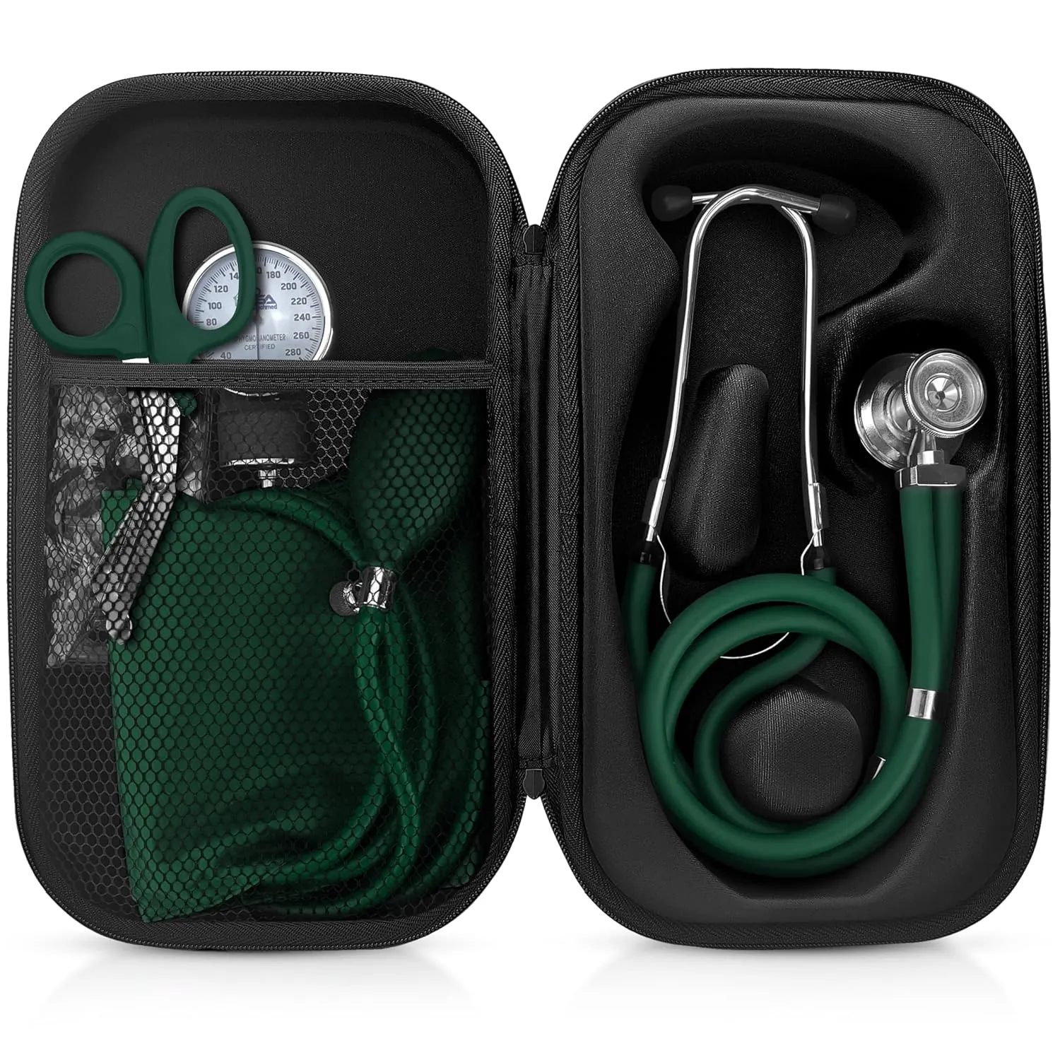 ASA TECHMED Medical Starter Kit - Stethoscope, Durable Blood Pressure Monitor, and EMT Shears and Protective Carrying Case Ideal for Healthcare Professionals, Hunter Green