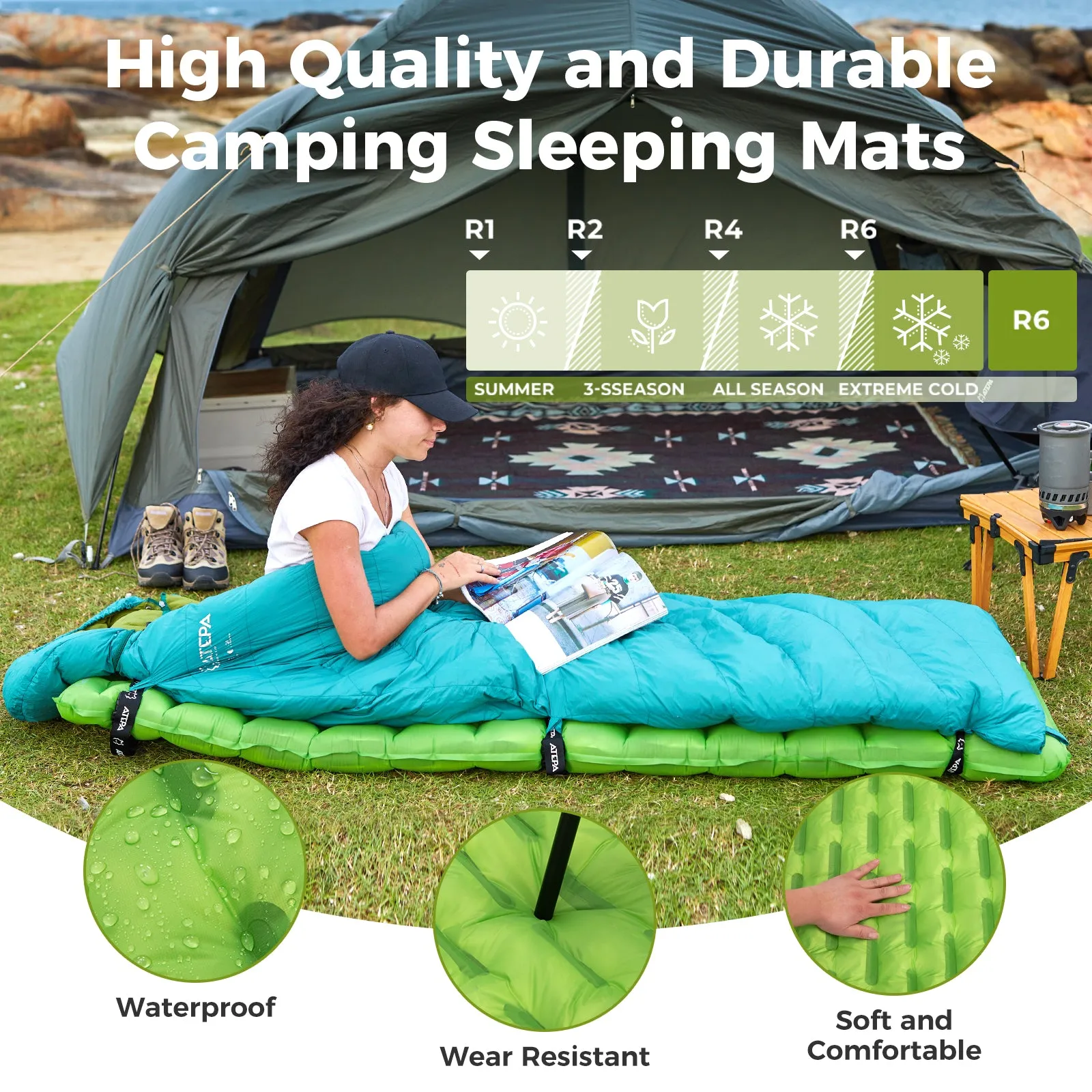 ATEPA Ultralight Insulated Sleeping Pad R Value 6 with Pump Sack