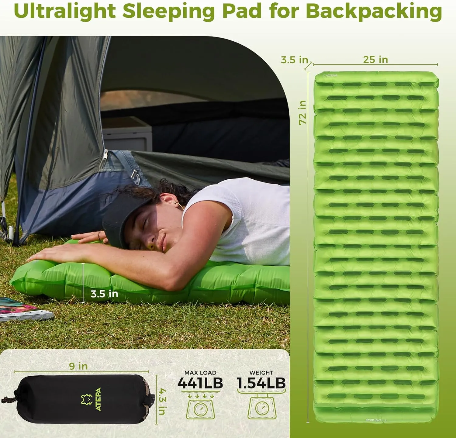 ATEPA Ultralight Insulated Sleeping Pad R Value 6 with Pump Sack