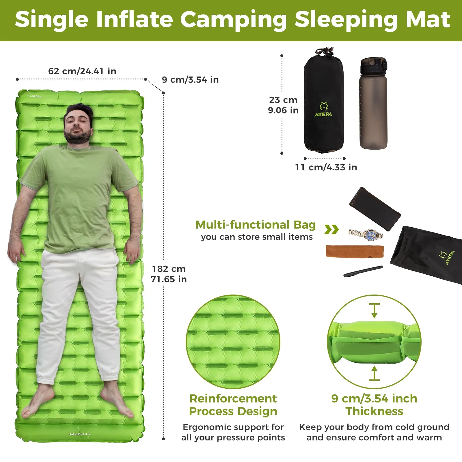 ATEPA Ultralight Insulated Sleeping Pad R Value 6 with Pump Sack