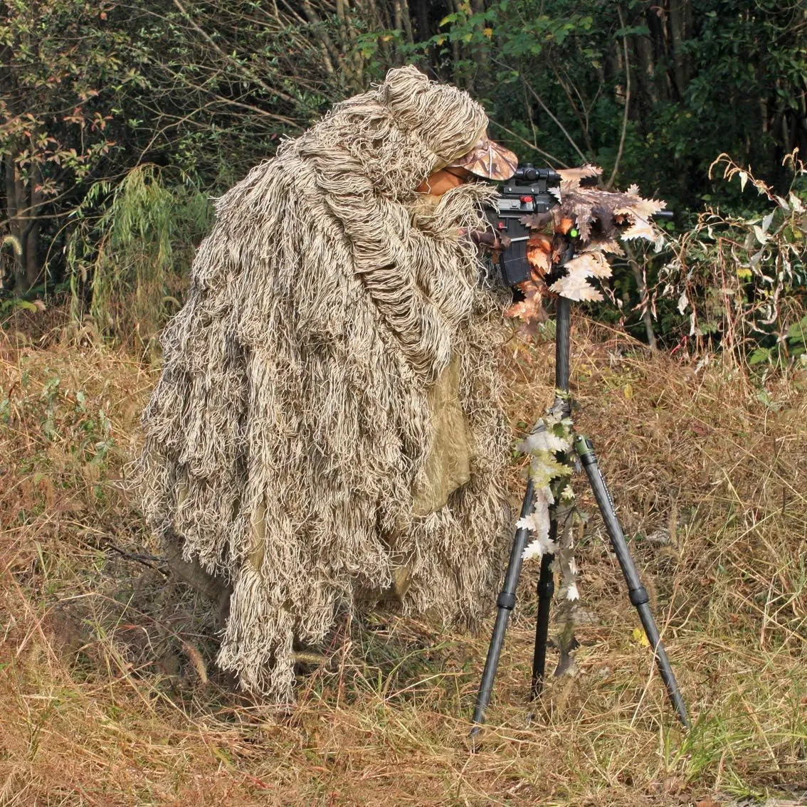 AUSCAMOTEK Ghillie Suit Poncho for Hunting Bird Watch Gilly Camouflage Cloak Green and Desert