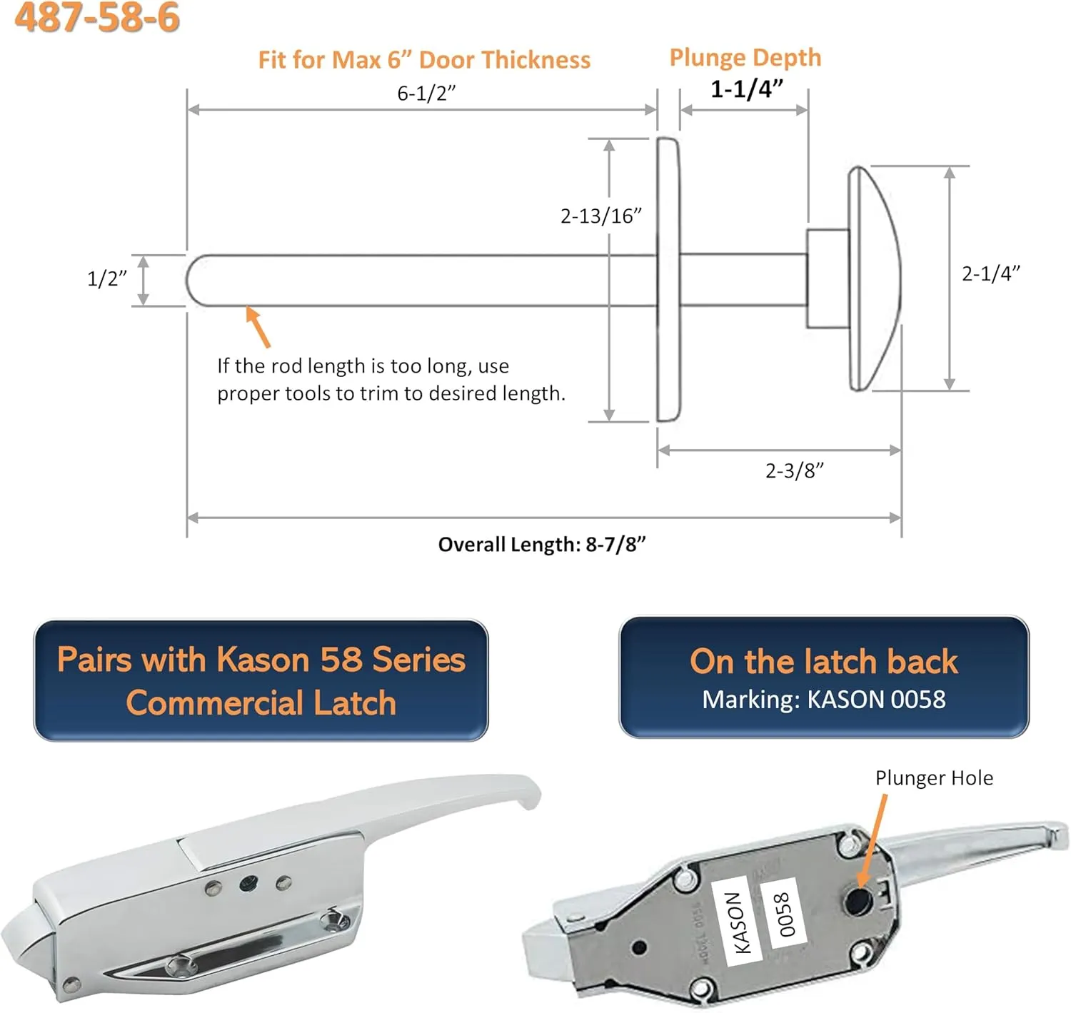 Awoco Kason 487 Frost-Free Inside Release Handle, Glow in Dark, Fiberglass Push Rod for 6" Thick Door of Walk-in Coolers and Freezers, Overall 8-7/8" (Fiberglass 58 Long)