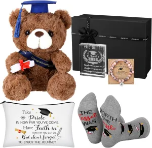 Baderke Graduation Gifts for Her 2025 Congrats Grad Gift Set Plush Bear Compass Bracelet Laser Engraved Acrylic Keepsake Novelty Socks Graduation Makeup Bag for Graduated Congratulations Gift(White)