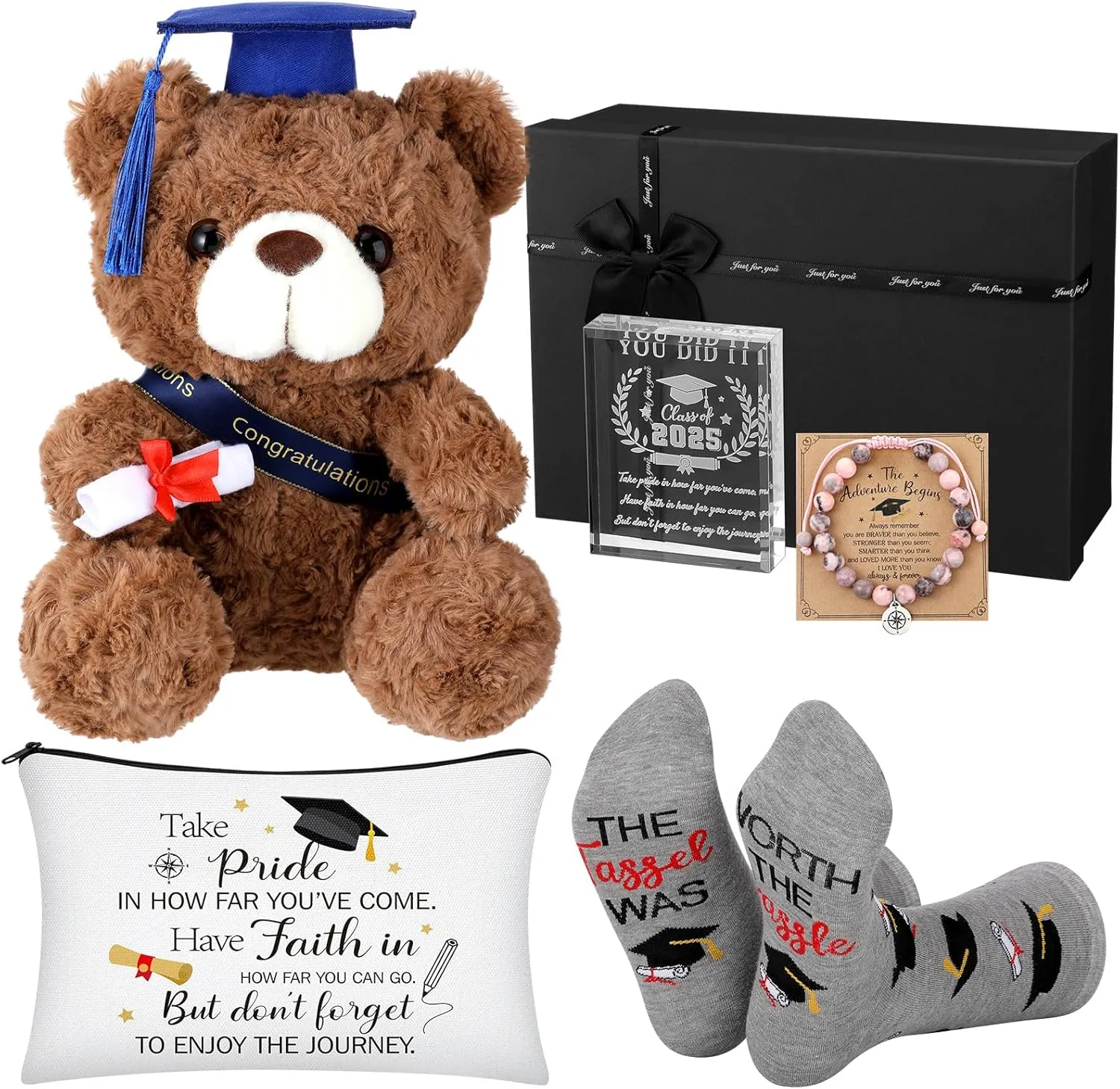 Baderke Graduation Gifts for Her 2025 Congrats Grad Gift Set Plush Bear Compass Bracelet Laser Engraved Acrylic Keepsake Novelty Socks Graduation Makeup Bag for Graduated Congratulations Gift(White)