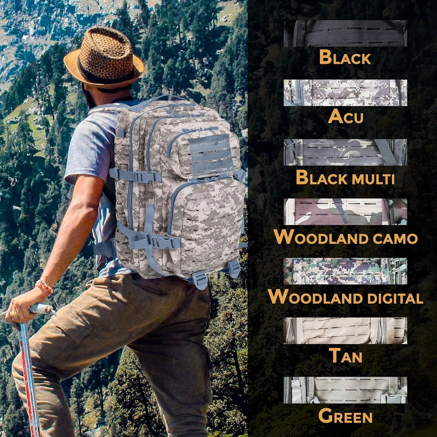 BaHoki Essentials Large Size Tactical Backpack - Military Rucksack with Molle Bags - Ventilated Mesh Adjustable Bag (ACU)