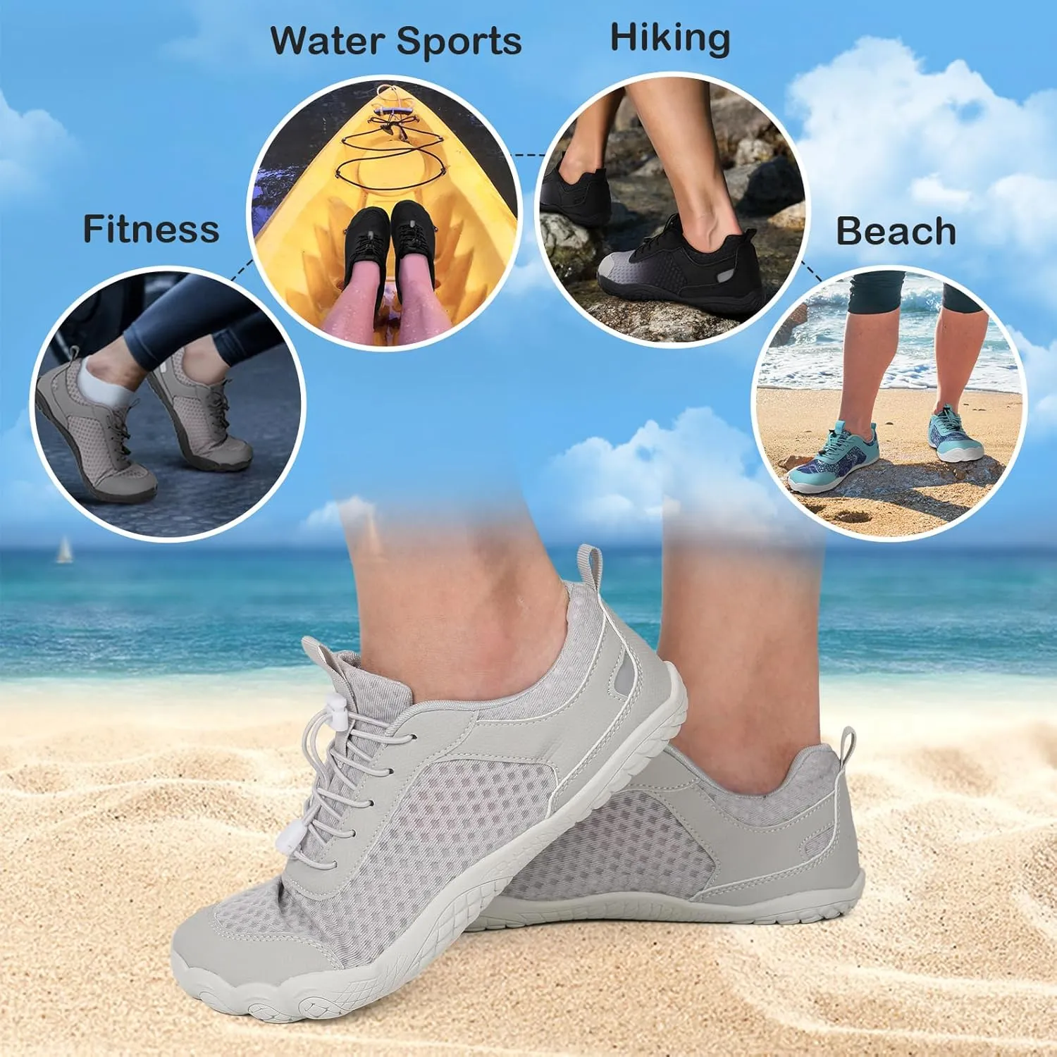 BARERUN Water Shoes Women Men Quick-Dry Wide Toe Athletic Hiking Water Sports Shoes Adjustable Zero Drop Barefoot Shoes for Beach Swim Kayaking Surfing Walking Training