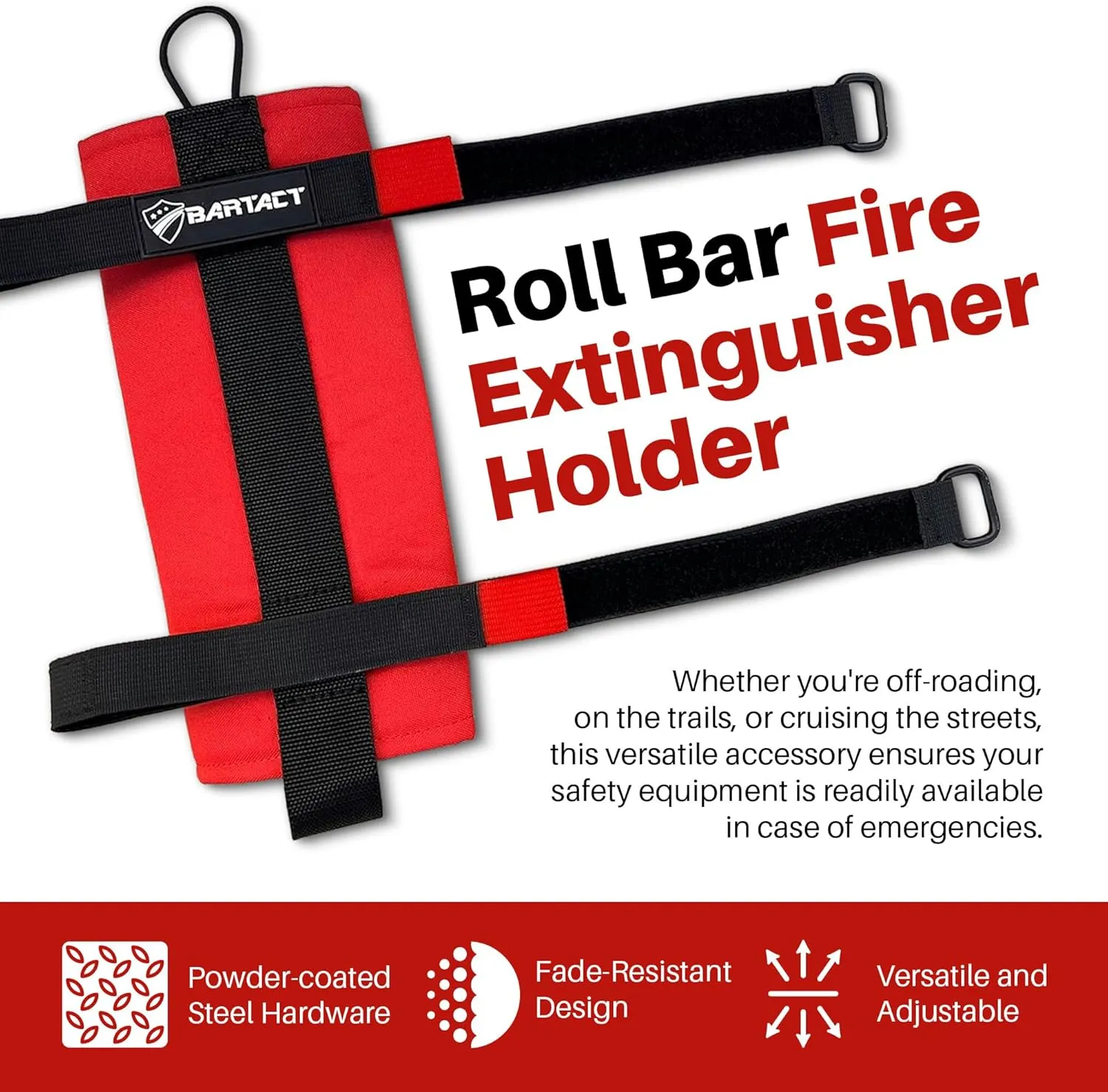 Bartact - 2.5 lb Roll Bar Fire Extinguisher Mount for Vehicle Holder, Adjustable Fire Extinguisher Holder Mount, US Made Universal Vehicle Fire Extinguisher Holder Fits All Roll Bars (Red)