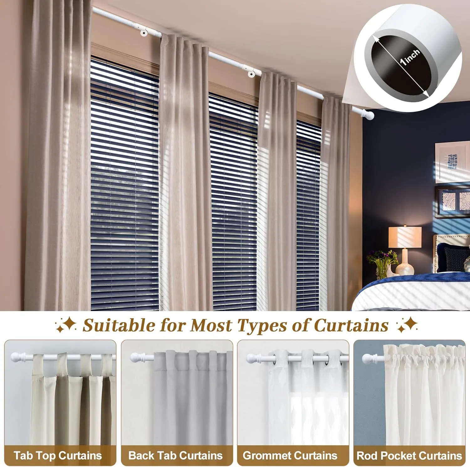Bay Window Curtain Rods White, U-shaped Curved Adjustable Curtain Rods for Windows 59 to 184 Inches, 1 Inch Renter Friendly Heavy Duty Curtain Rods for Bedroom, Living Room Curtains