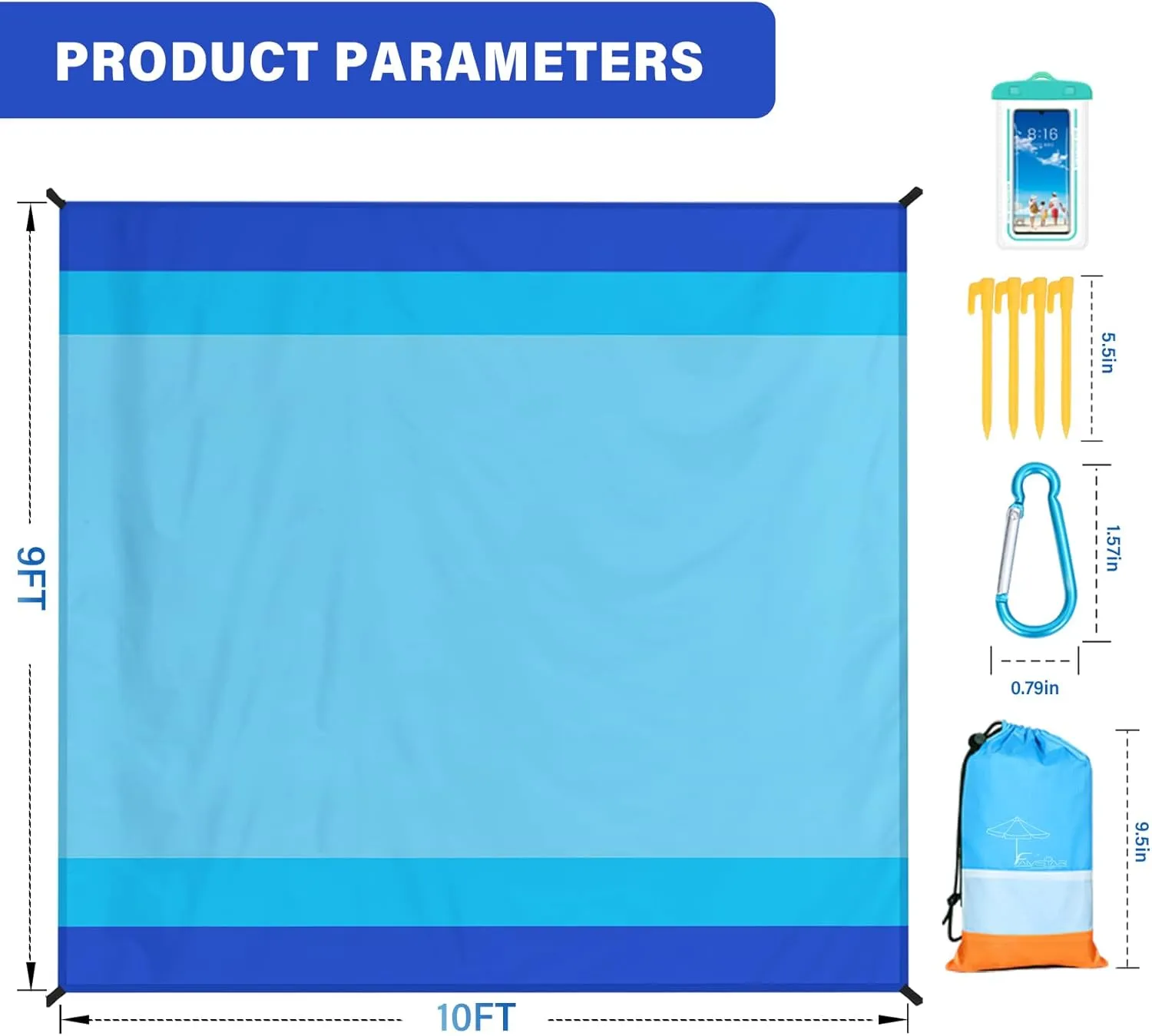 Beach Blanket Oversized Extra Large 10'X 9',Waterproof Sandproof Beach Blanket 2-8 Adults Lightweight Durable for Travel Camping Hiking Picnic (10'X 9', Blue)