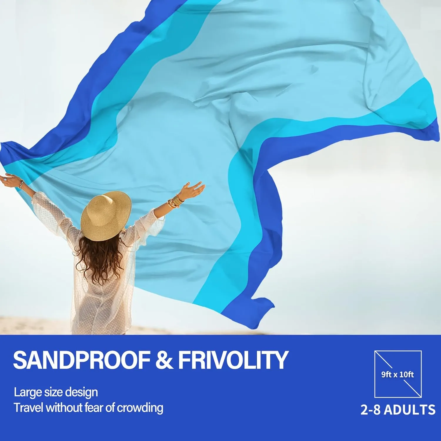 Beach Blanket Oversized Extra Large 10'X 9',Waterproof Sandproof Beach Blanket 2-8 Adults Lightweight Durable for Travel Camping Hiking Picnic (10'X 9', Blue)