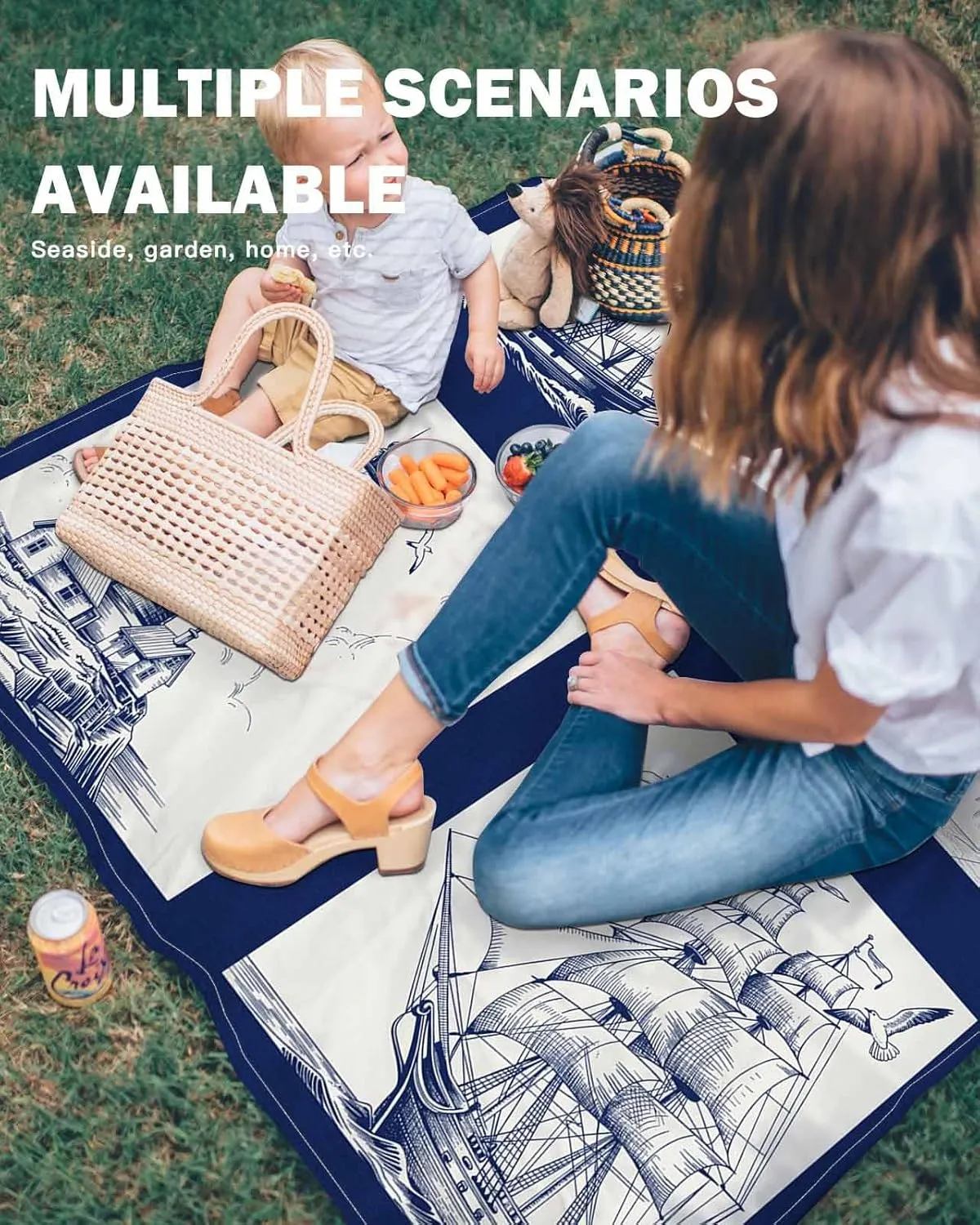 Beach Blanket Sandproof Waterproof Picnic Blankets Navy Blue Compass Sailing Ship Plaid Extra Large Lightweight Outdoor Beach Mat with Corner Pockets for Travel/Camping Nautical Retro Lighthouse